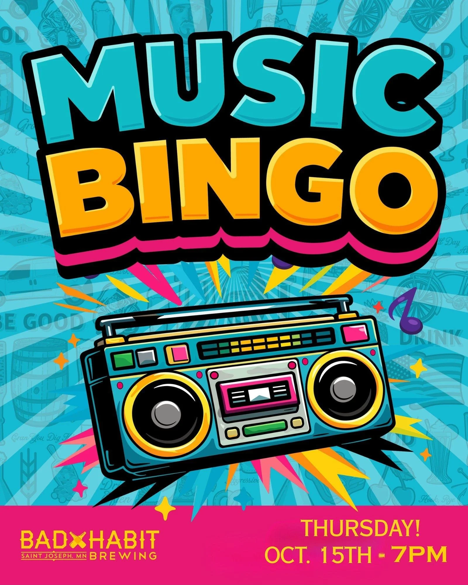 📣 🎶MUSIC BINGO🎶 coming your way on Thursday, October 15th at 7 PM! 

Grab yourself a Gary's Pizza Special with a couple Mango Bennie Ales and get ready for a fun night. 

#badhabitbrewing #visitjoetown #musicbingo #taproomevents