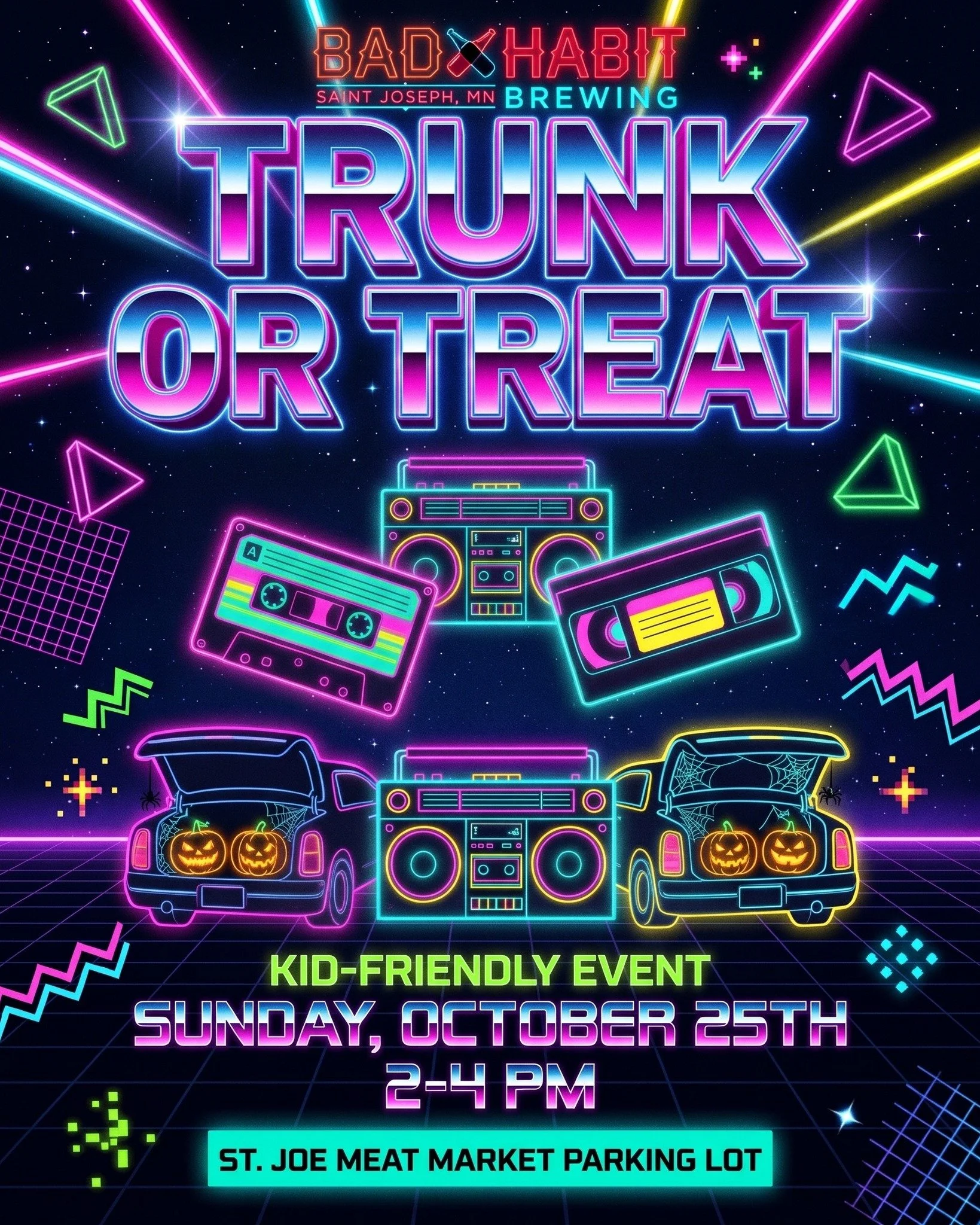 🎃 Like, totally rad! 🛼 Bad Habit Brewing is bringing an 80's Glow Party to this year's Trunk or Treat, hosted by the Y2K Lions Club! ⚡️

This is a totally kid-friendly event, so bring the whole family down for some tubular Halloween fun! We&rsquo;l