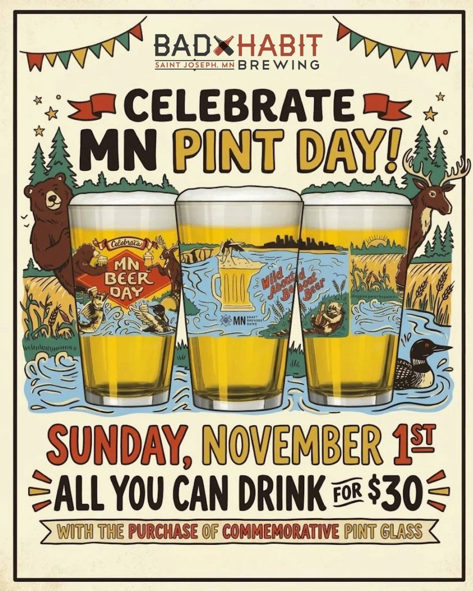Holy buckets - Minnesota Pint Day is this Sunday, November 1st already. 🐻🦆🍺

All You Can Drink for $30 with the purchase of this year&rsquo;s commemorative MN Pint Day glass! 🍻 Limited supply, don't you know, so get here before they're gone.

#ba