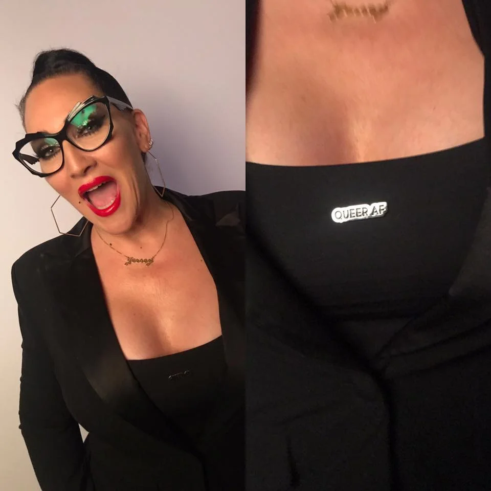 Michelle Visage wearing a Cherry Moon pin 