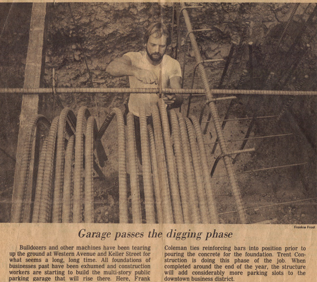 Owner, Frank Coleman, seen in the photo below tying large rebar, while preparing to pour massive concrete footings for a public parking garage in Petaluma circa 1985 - courtesy Argus-Petaluma paper.