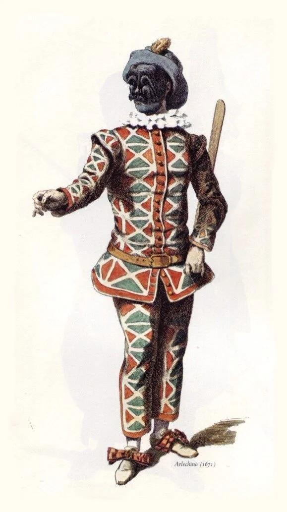 Arlecchino in a more evolved suit of triangular shapes in two colors, separated by white spaces.