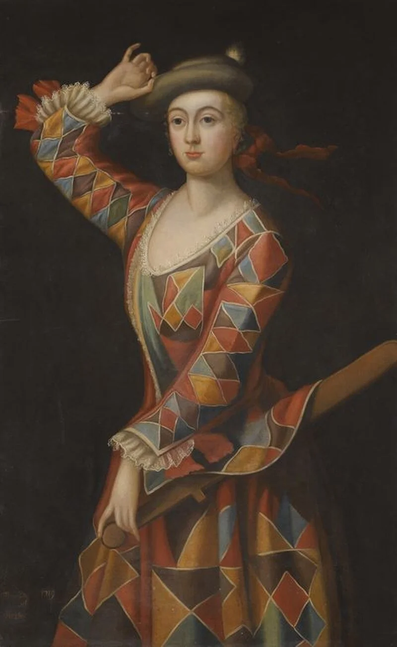 Mrs Hester Booth in a Harlequin dress. Oil painting by John Ellys.