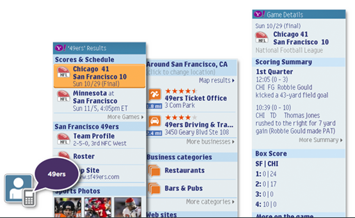 Searching for ‘49ers’ In this example, we know that '49ers' are a sports team that just played. So we show you the most recent scores and the next game. Here 1 click gets you the game's box scores.