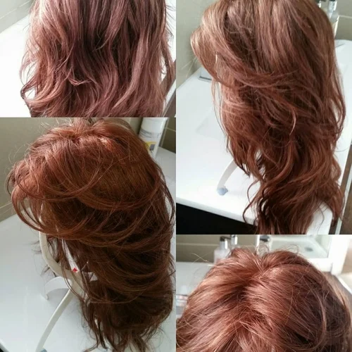 Human hair semi styled wig. Extra light density and gorgeous auburn and copper highlights