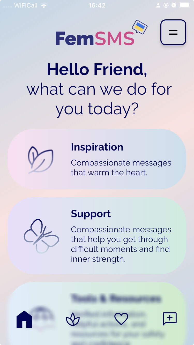 Screenshot of homepage of the FemSMS app