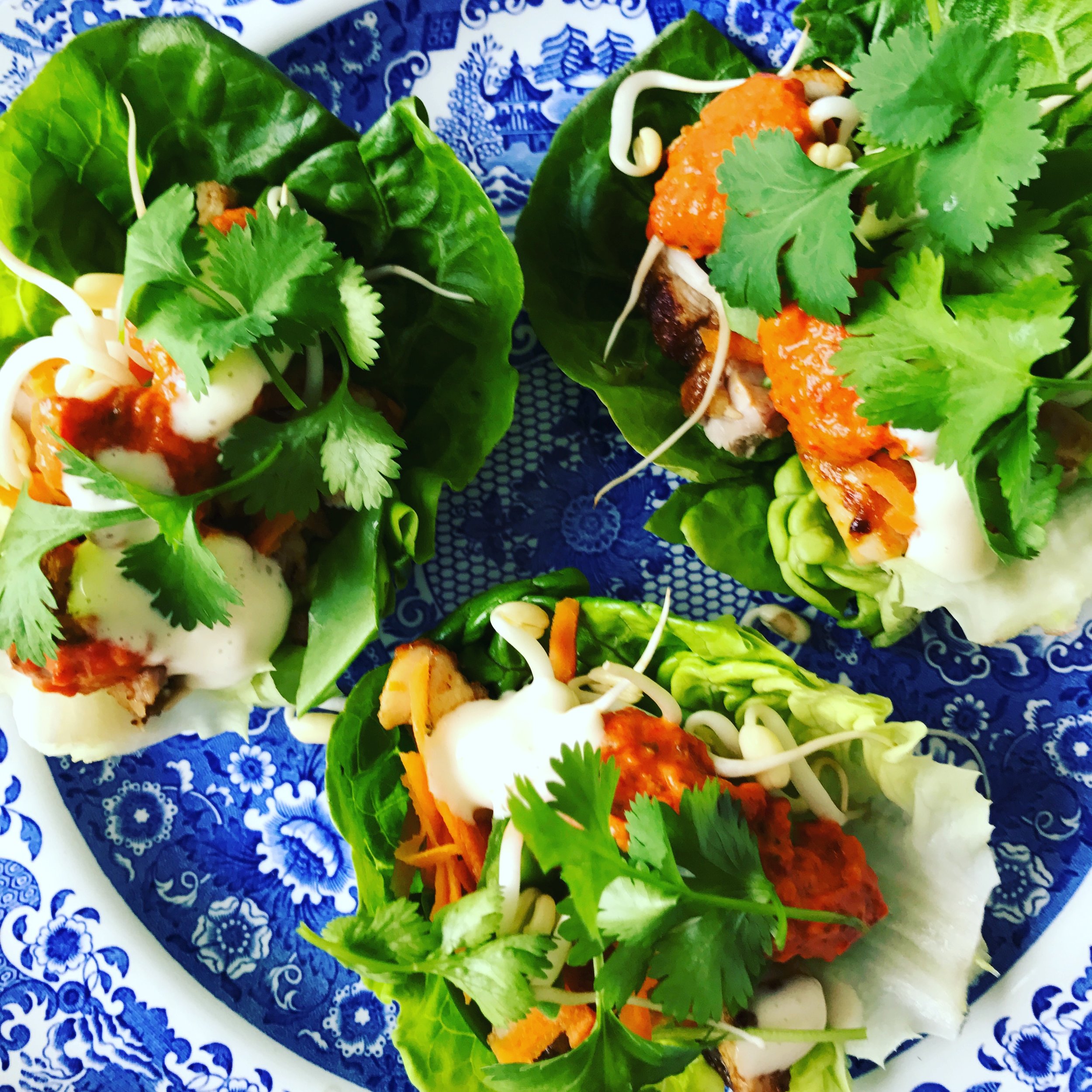 Kyckling shawarma i salladsblad med två såser