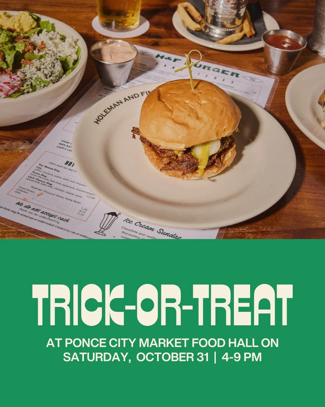 Come for the candy, stay for the burgers 🎃 Trick-or-treating at the Ponce City Market Food Hall is happening Saturday, October 31 from 4&ndash;9 PM. Stop by H+F while you&rsquo;re here!