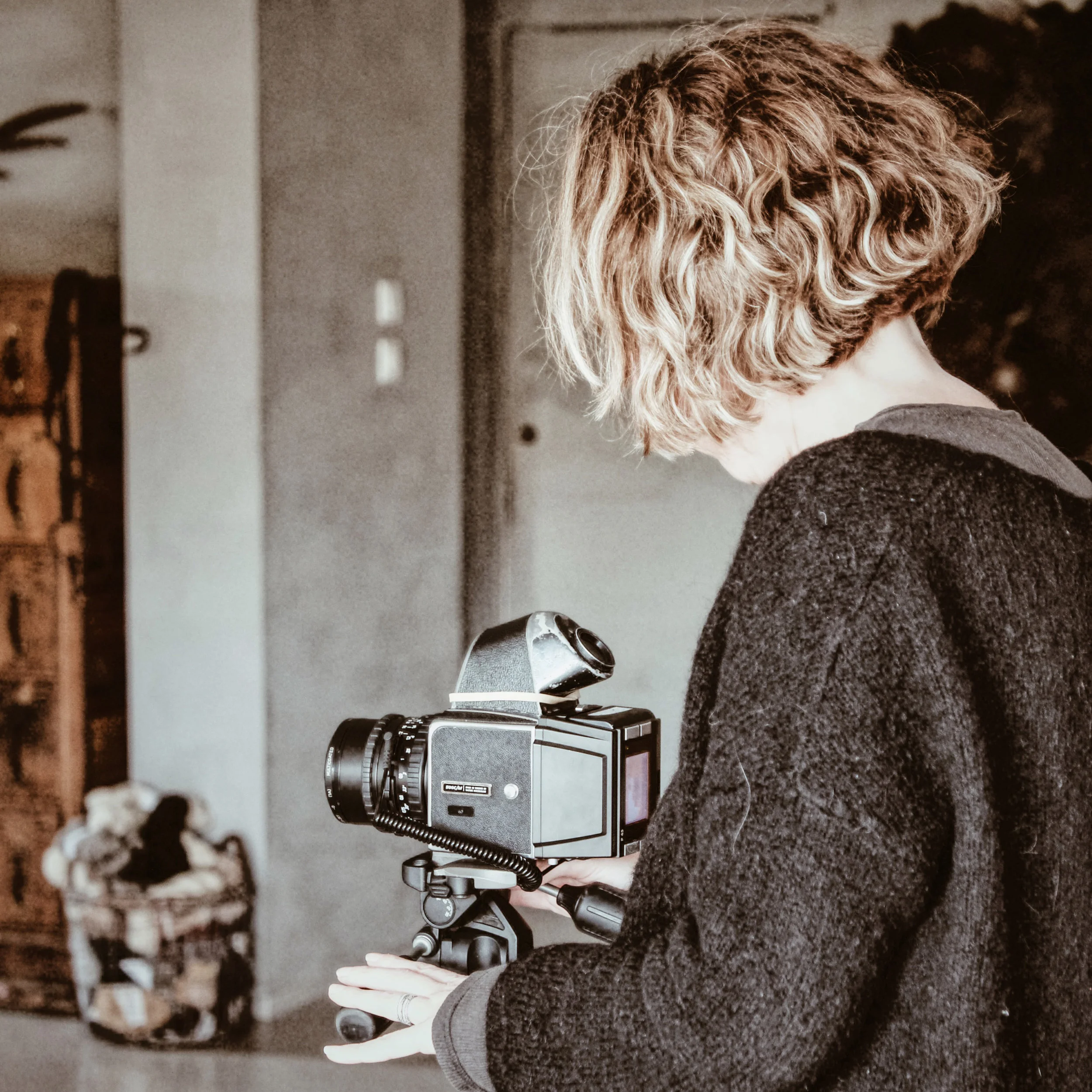 Joanna in action with her Hasselblad camera.