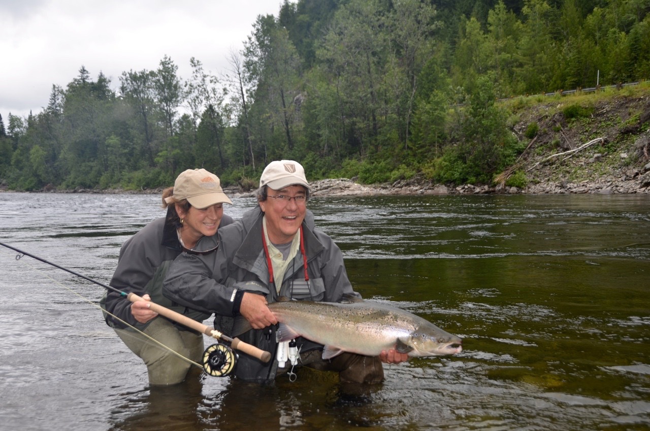 Salmon Lodge regulars Pierre and Diane with their first Grand Cascapedia salmon of 2015, Congratulations !