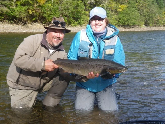 Laura Stewart and Salmon Lodge Guide Yvan Bernard, nice Grand Cascapedia salmon Laura! 