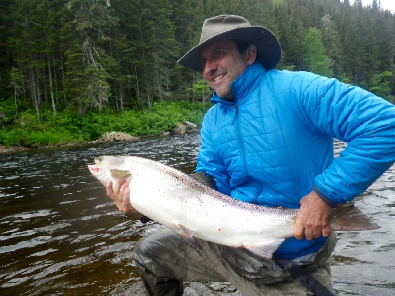 Salmon Lodge regular Patrice Giroux with a fresh run salmon, Nice one Partice!