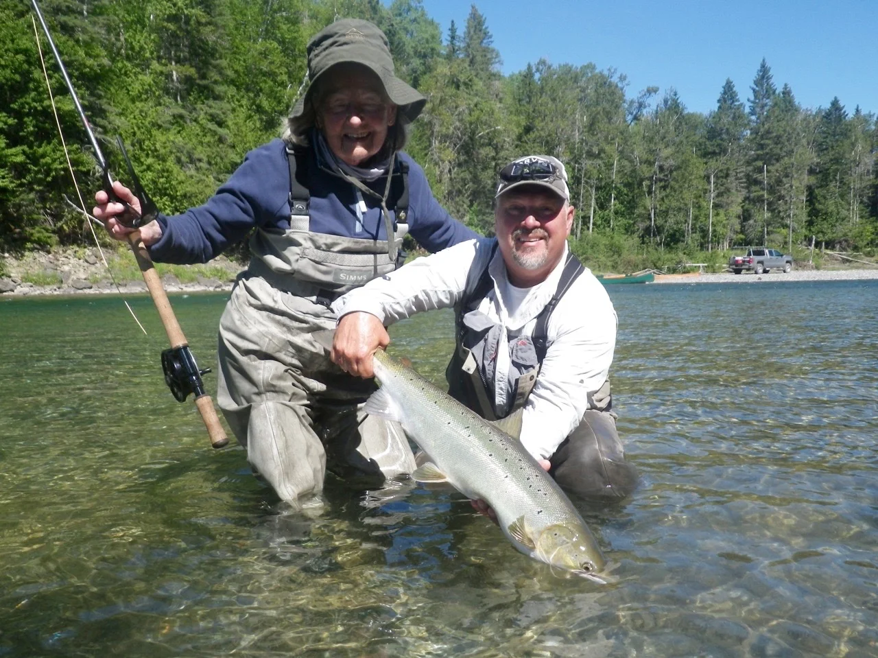 Jane Adley and Salmon Lodge guide Yvan Bernard with a nice fresh salmon on the Bonaventure, Congratulations Jane see you next year!