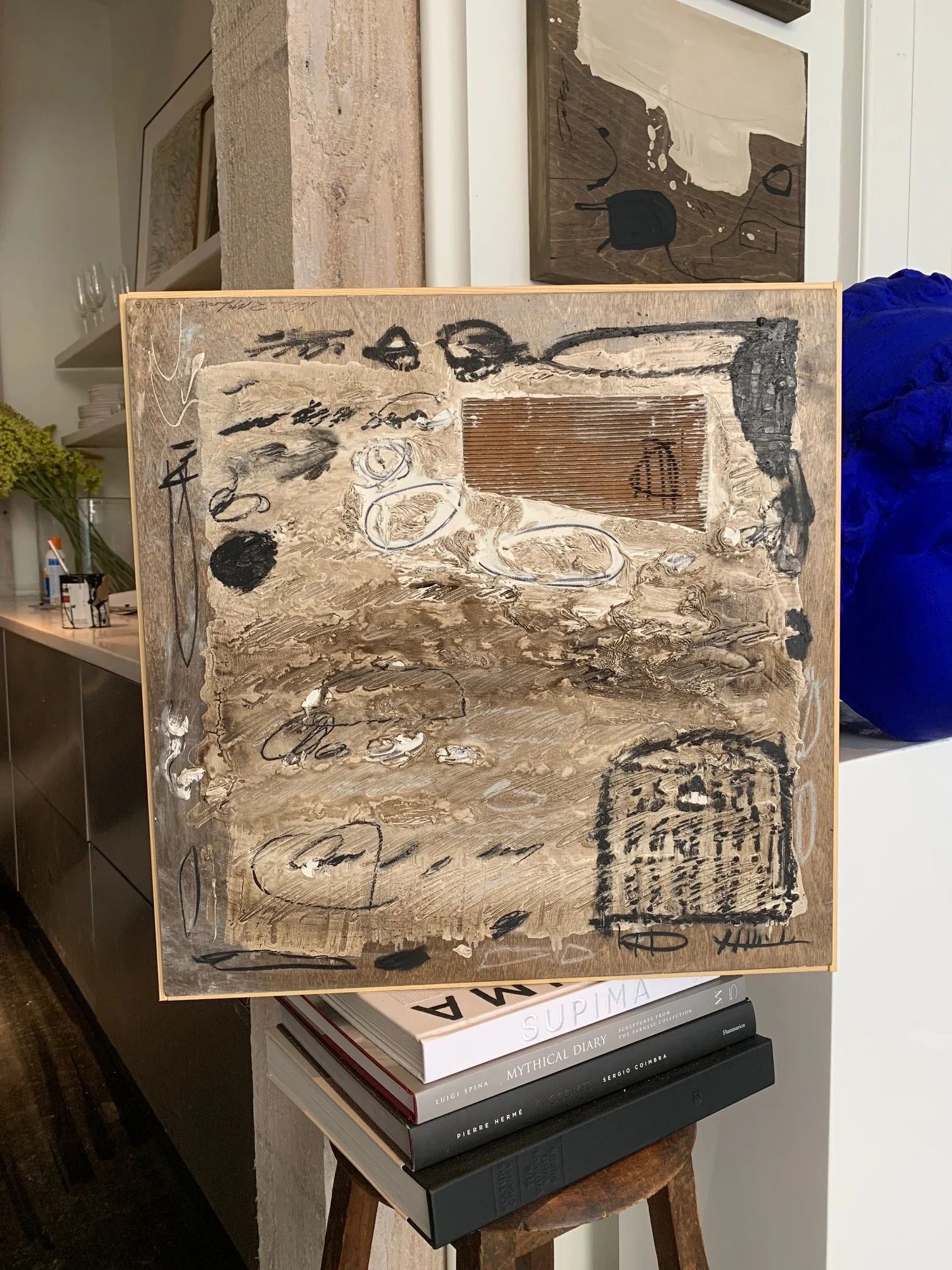 22" x 22" mixed media abstract painting on wood panel