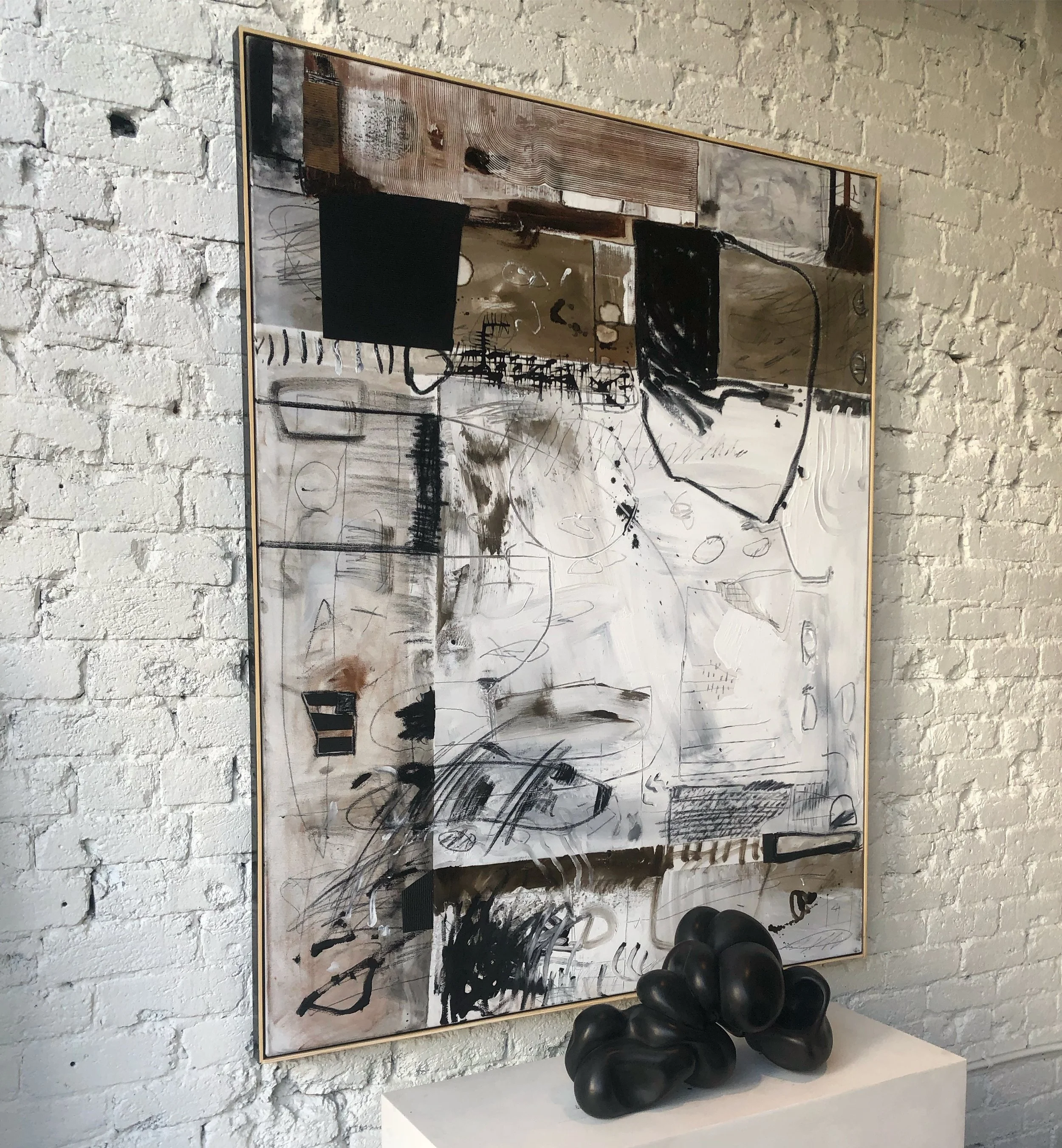49” x 61” mixed media abstract. Oil, acrylic, pastel, charcoal and cardboard.