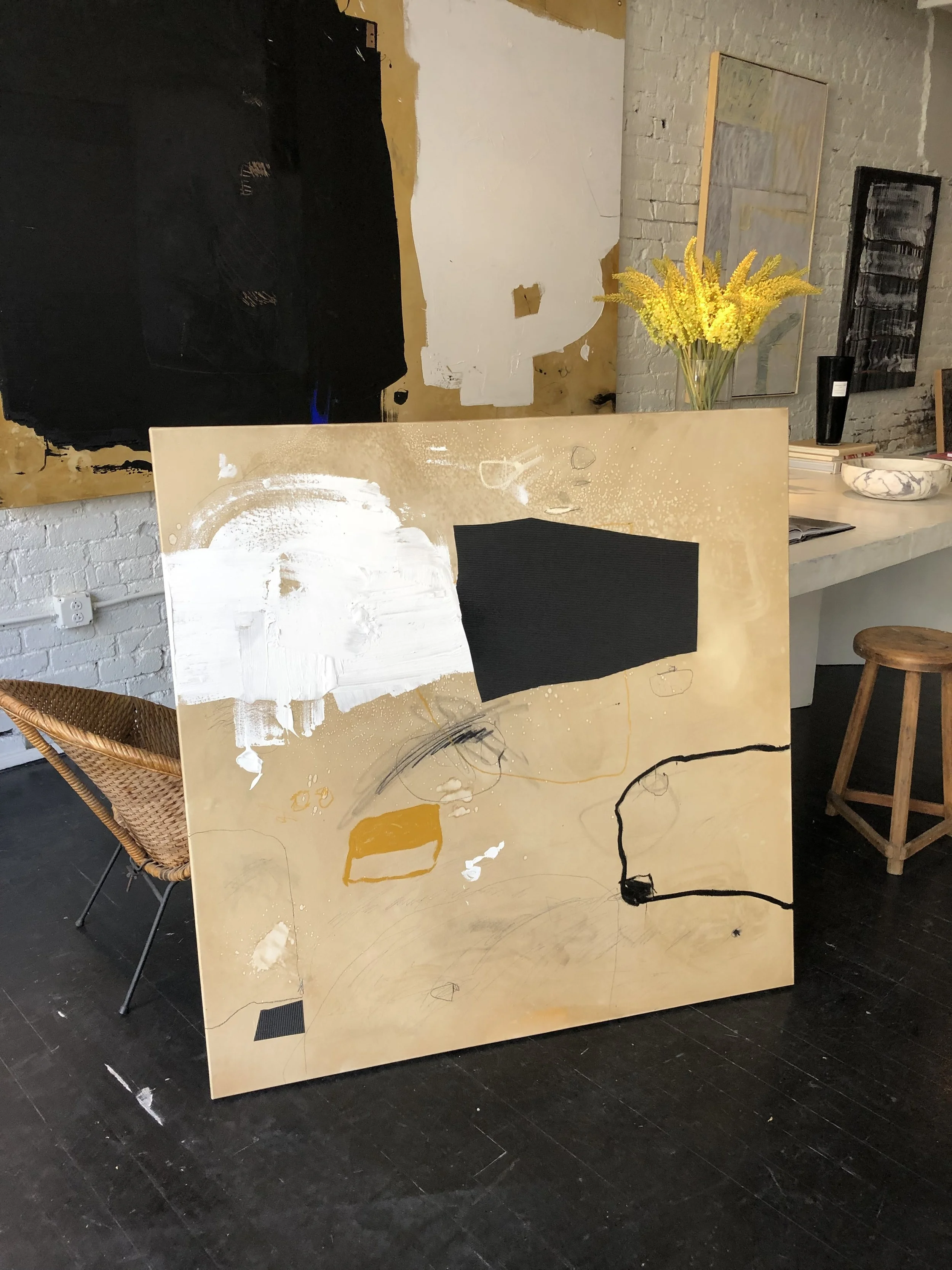 48" x 48" abstract mixed media.  Gesso, oil paint, charcoal and cardboard.