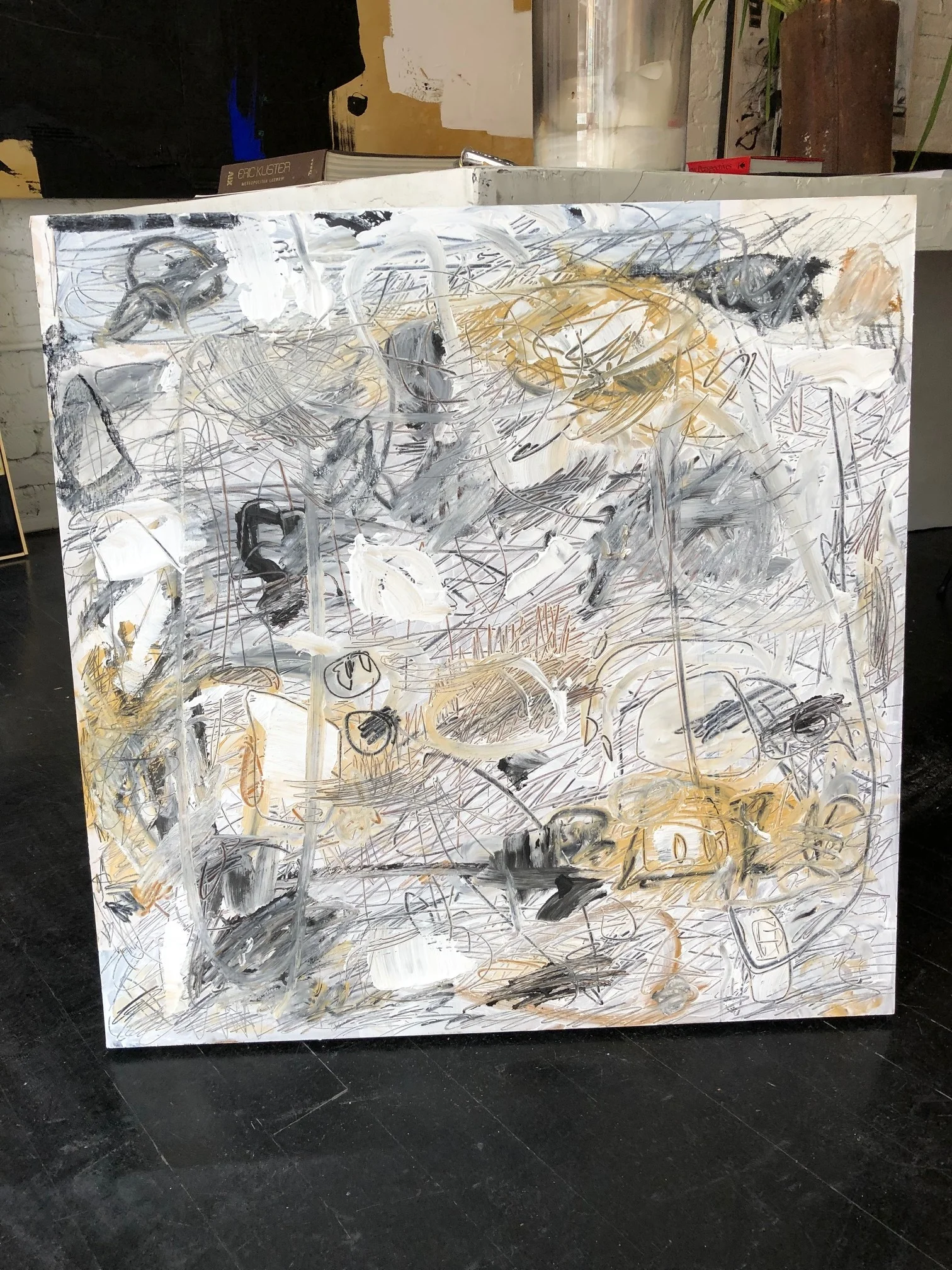 30” x 30” oil and charcoal abstract on wood panel. 