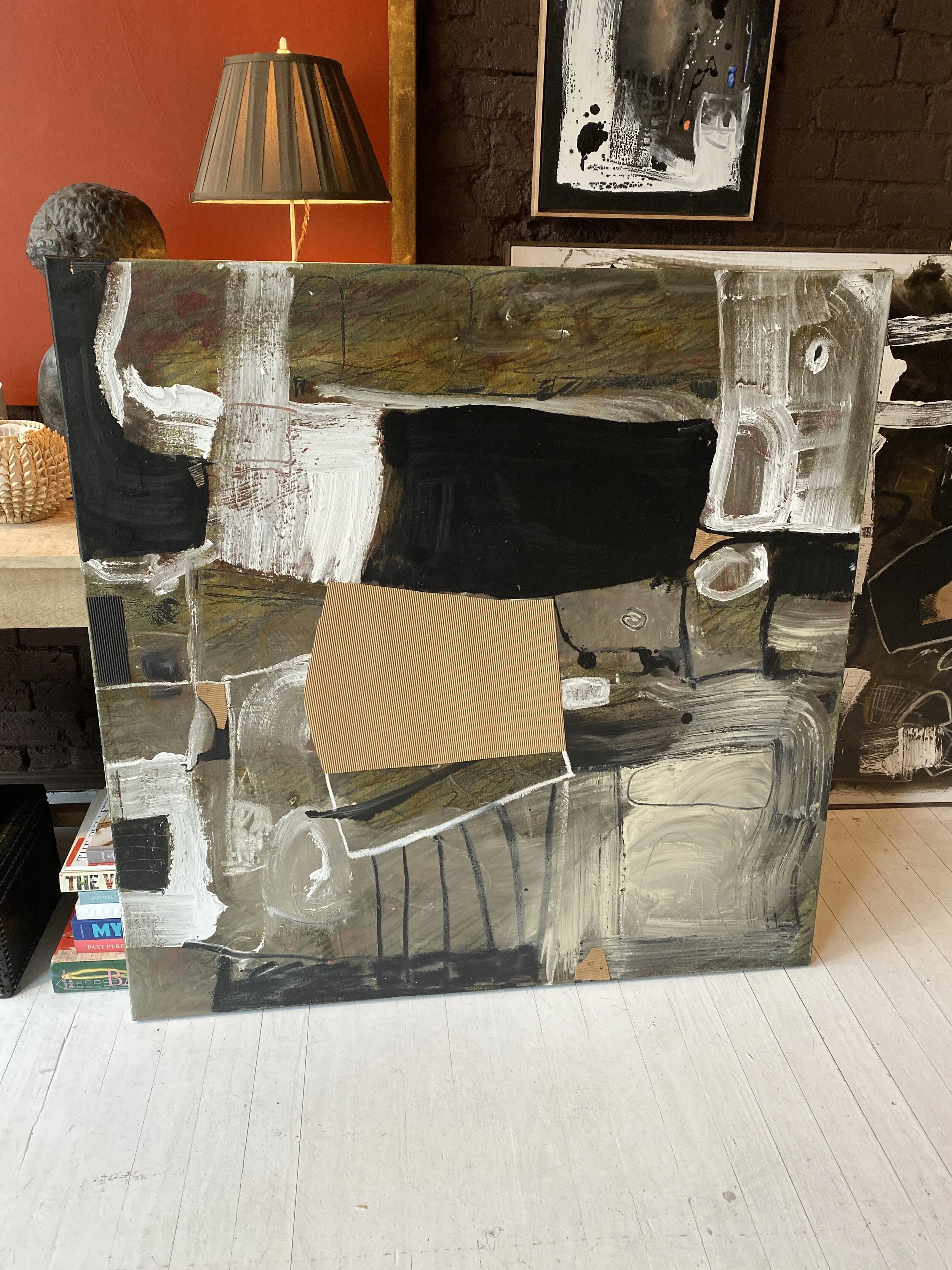 48” x 48” mixed media abstract. Oil, acrylic, pastel, charcoal and cardboard