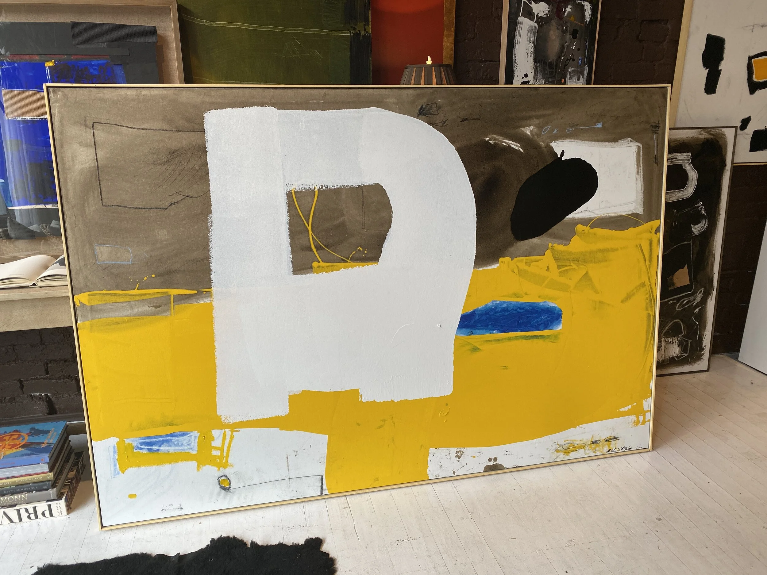 56” x 82” mixed media abstract. Oil, acrylic and charcoal. Framed 