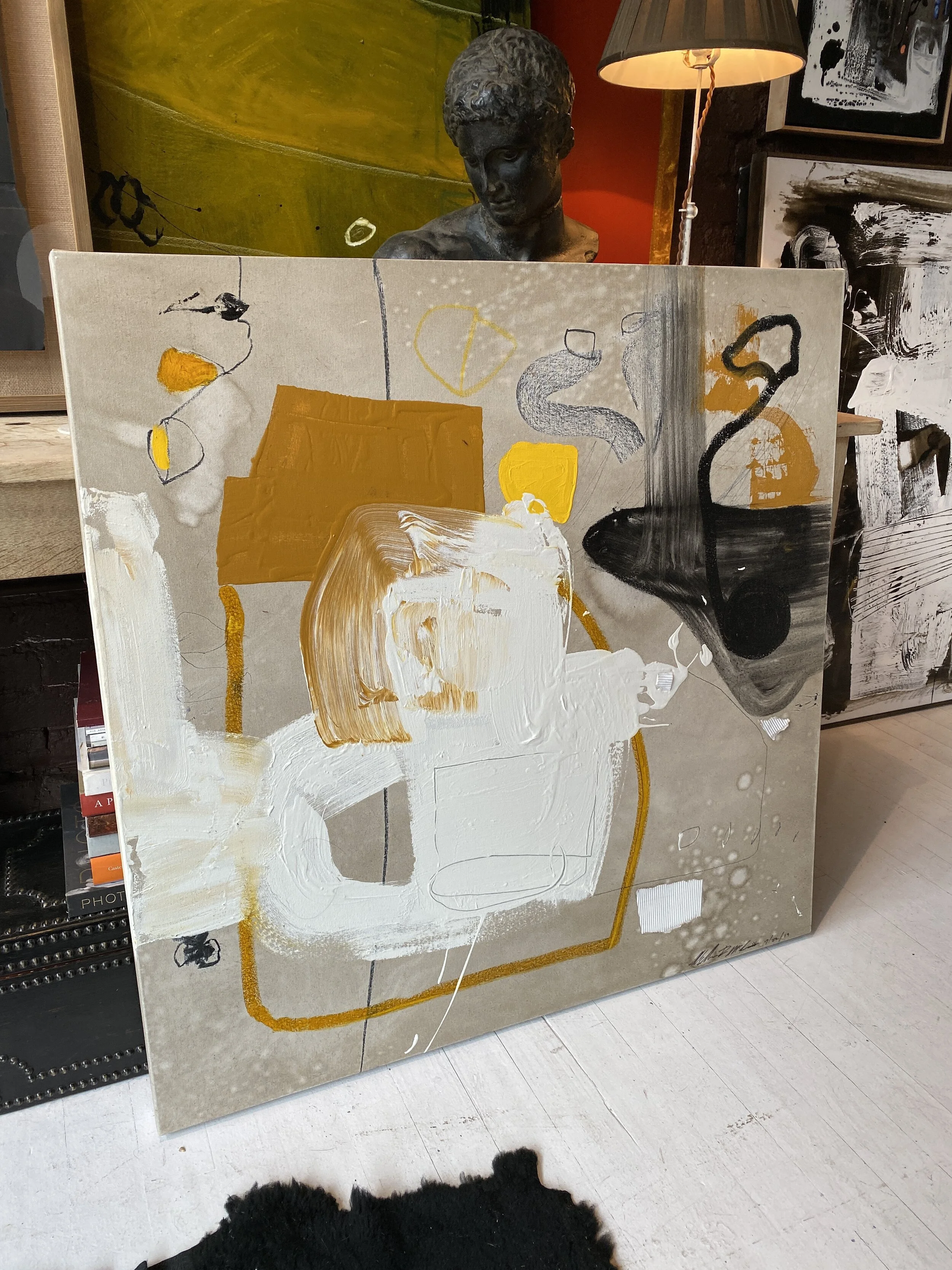 40” x 40” mixed media abstract. Oil, acrylic, pastel, charcoal and cardboard.