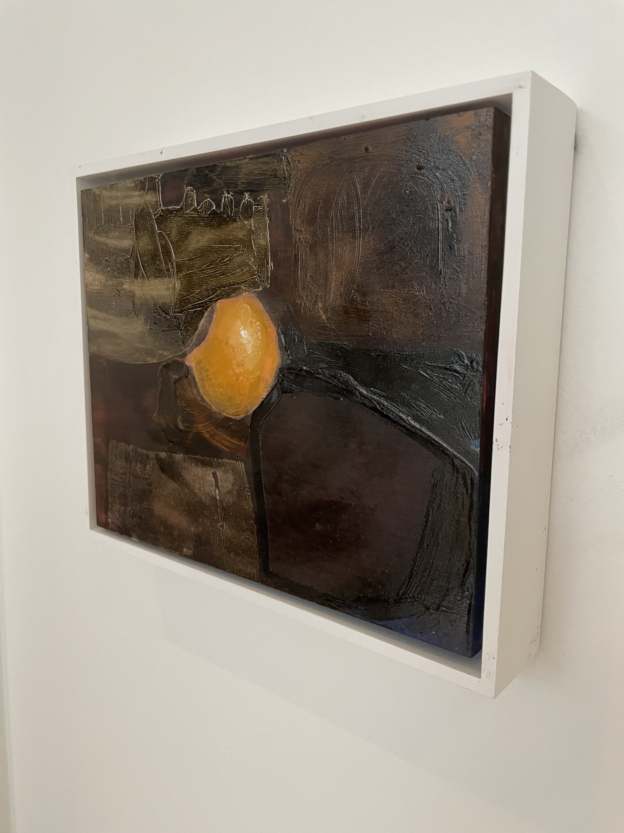 9" x 11" abstract oil painting of a peach on panel with frame