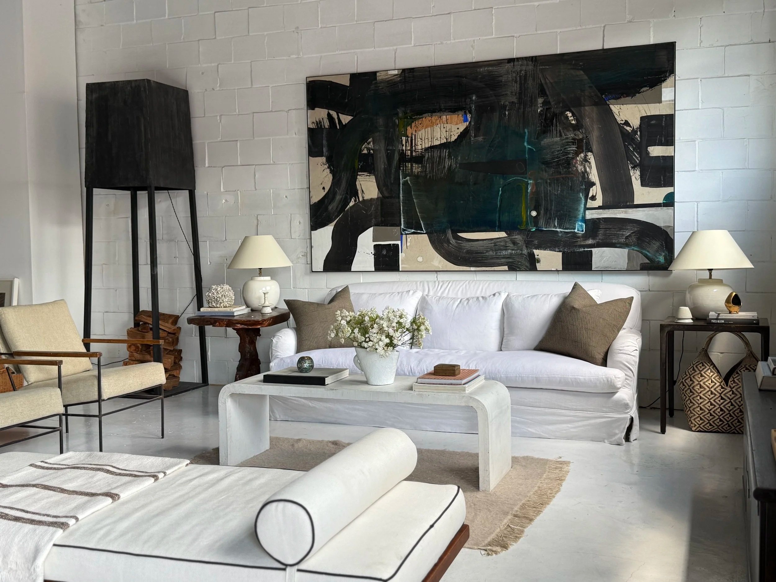 61" x 108" mixed media with cardboard, oil and charcoal abstract on canvas, custom piece for William's private home, over console with touches of teal and yves kline blue.