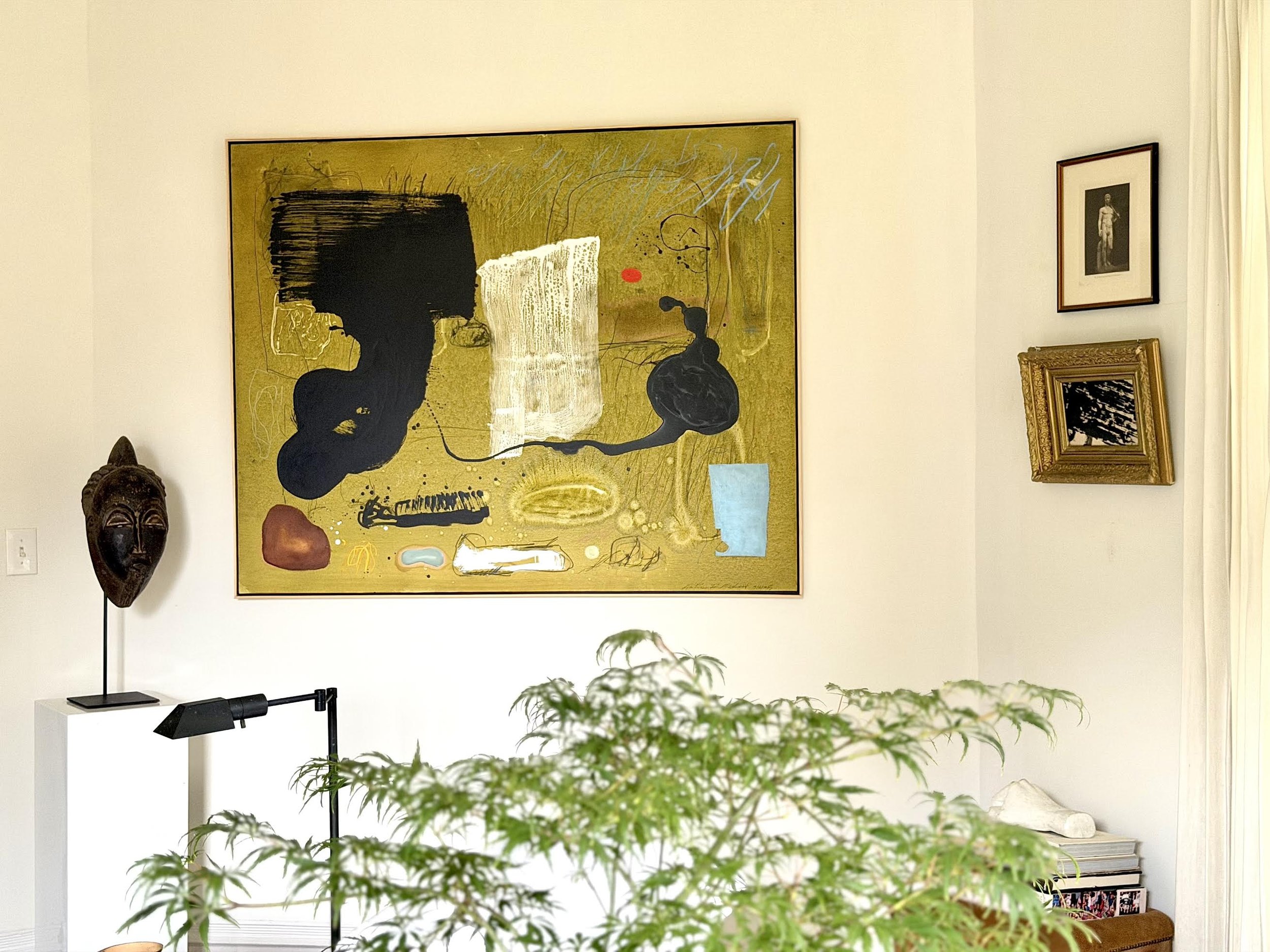 48" x 60" MIXED MEDIA ABSTRACT ON CANVAS with green background.