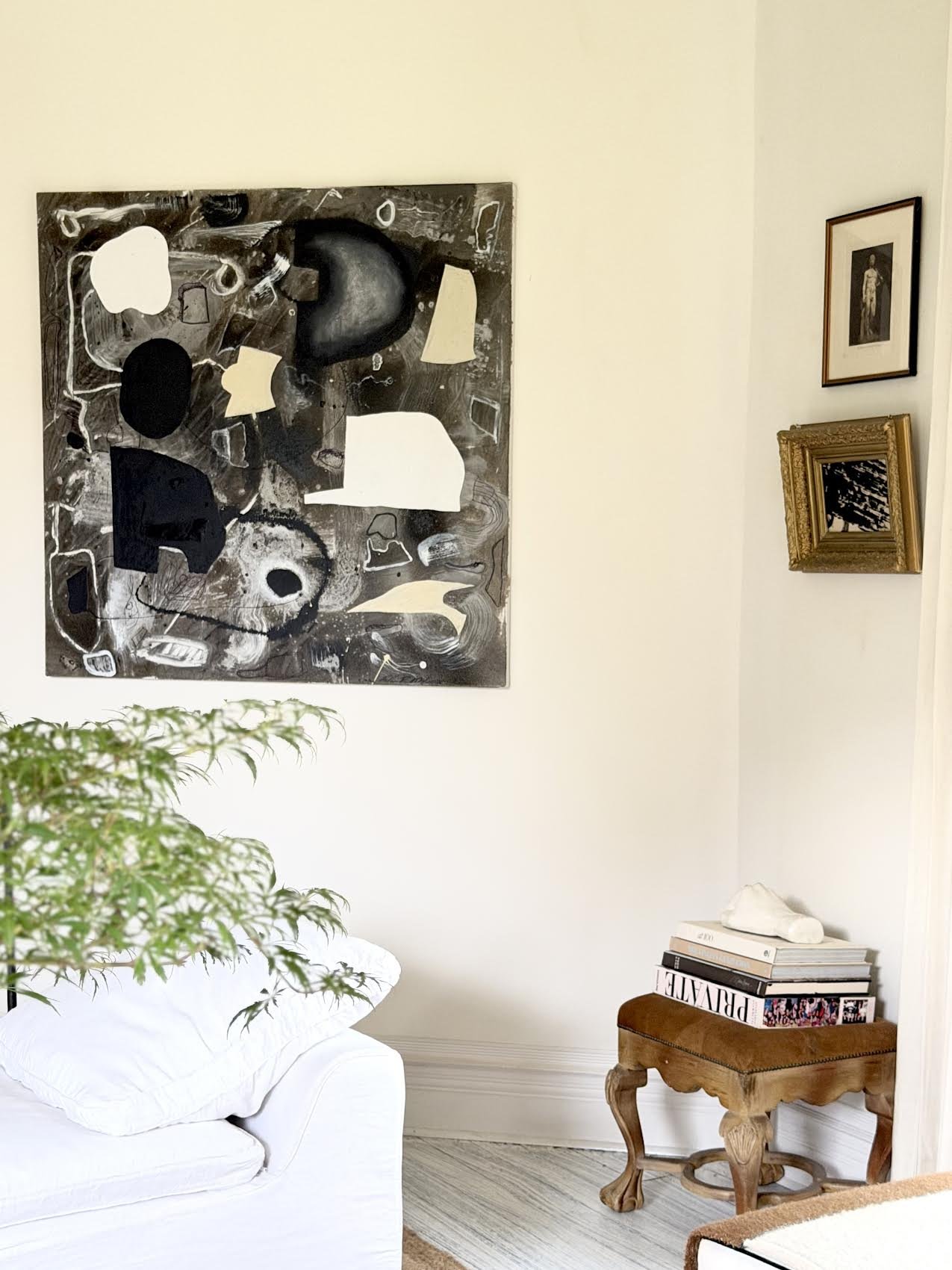 48"x48"  MIXED MEDIA ABSTRACT ON CANVAS, WITH FLOATING SHAPES.