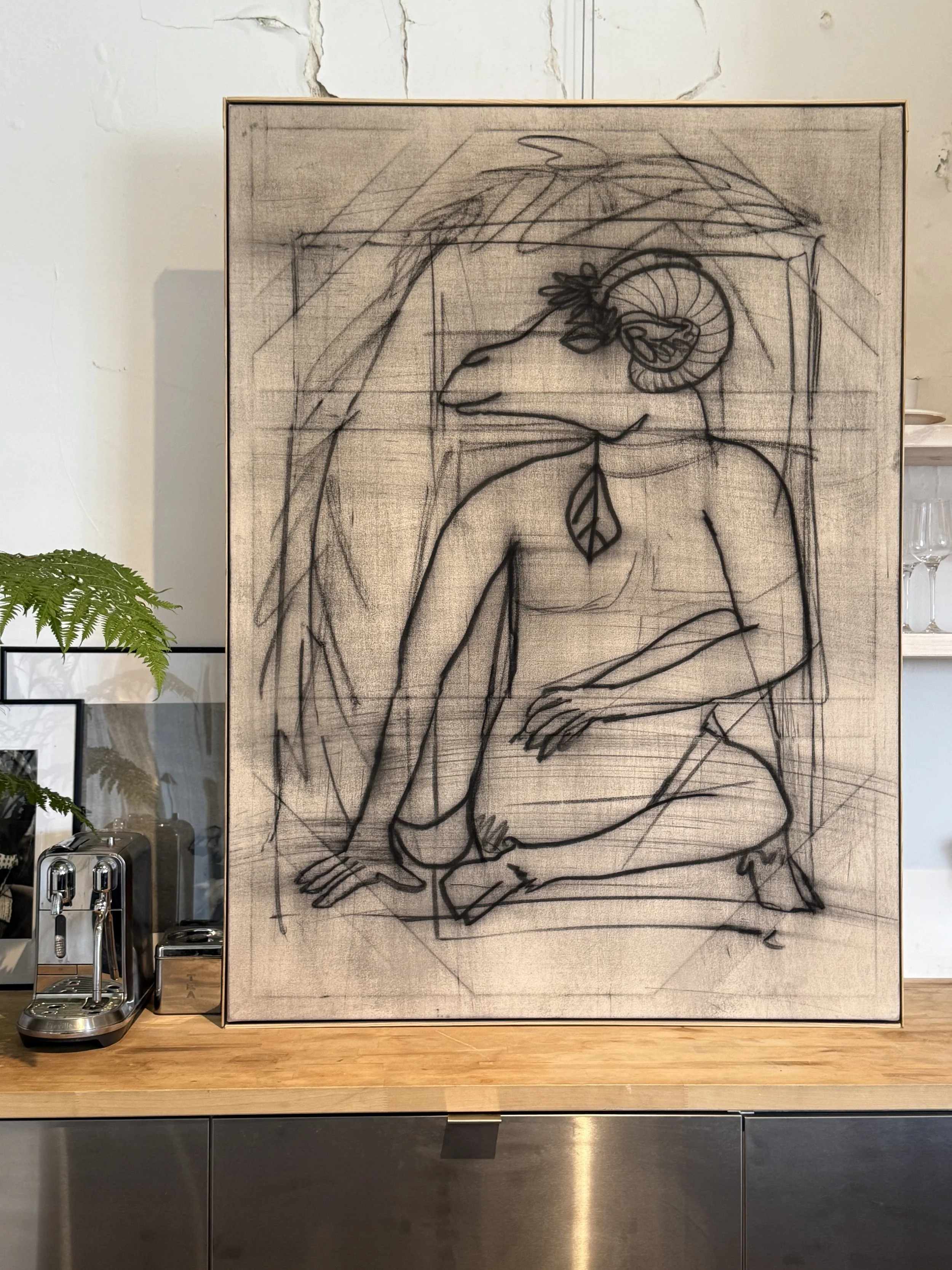 43.5 x 59" charcoal portrait on raw canvas