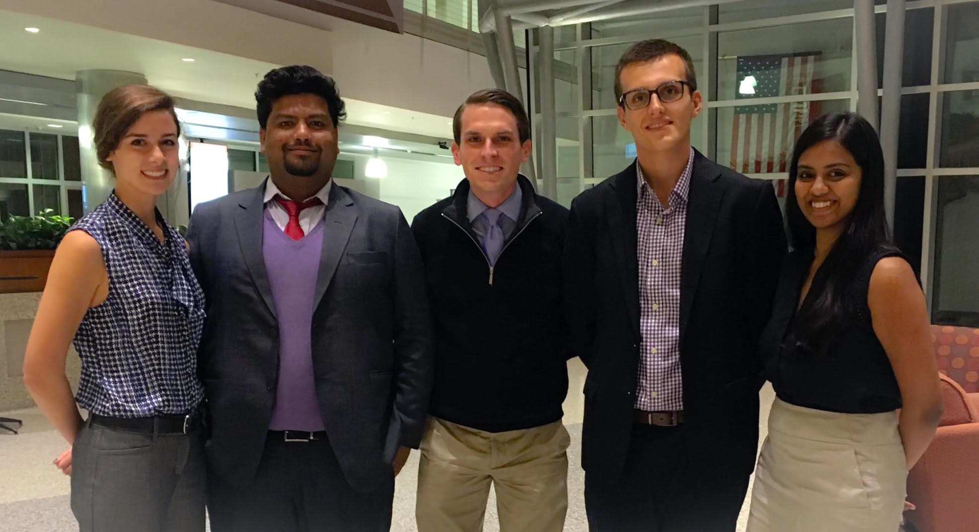 Syracuse University graduate students at the Martin J. Whitman School of Management collaborating with alumnus on the Global Social Enterprise Institute and the launch of SourceFunding.org. Pictured from left to right: Courtney Chapman, Roamell Mehta, W. Michael Short, Blendrit Elezaj, and Supriya Shivananda.