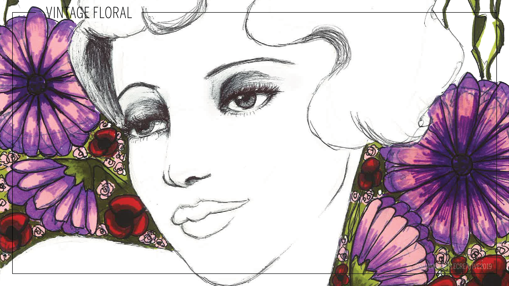Redbubble Design titled “It Girl Surrounded By Flowers.” Pen sketch of a 20’s era girl surrounded by flowers that have a bit too much of a 70’s vibe going. It’s a dance of decades, baby. Pen, Art Markers