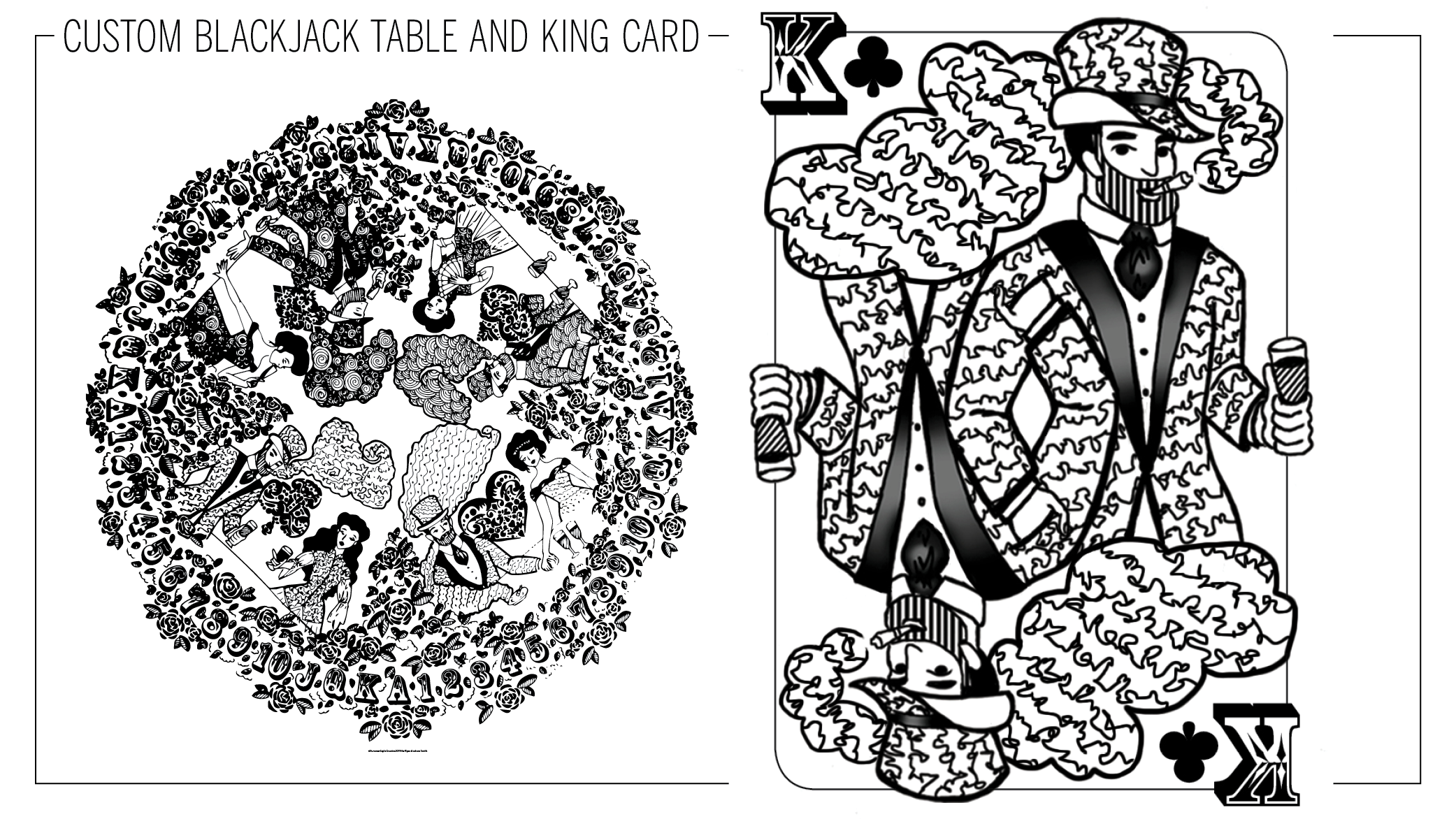 Freelance commision. Client requested a custom design that would be etched into a glass Blackjack table top. Once that was complete, we started the ongoing process of making a custom deck of cards for the table.Pictured here is a simplified, digital…