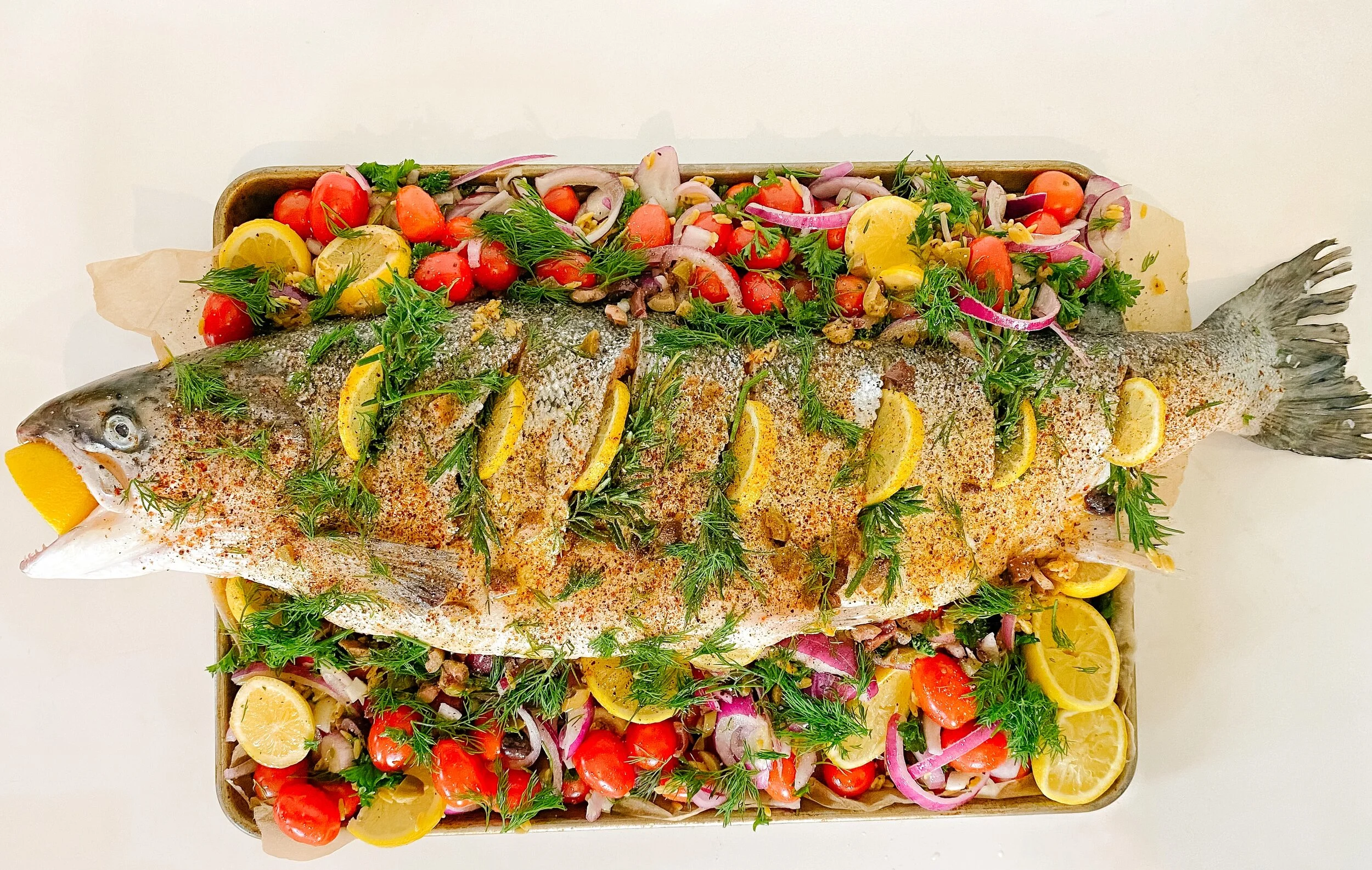 Oven roasted Whole Mediterranean Salmon