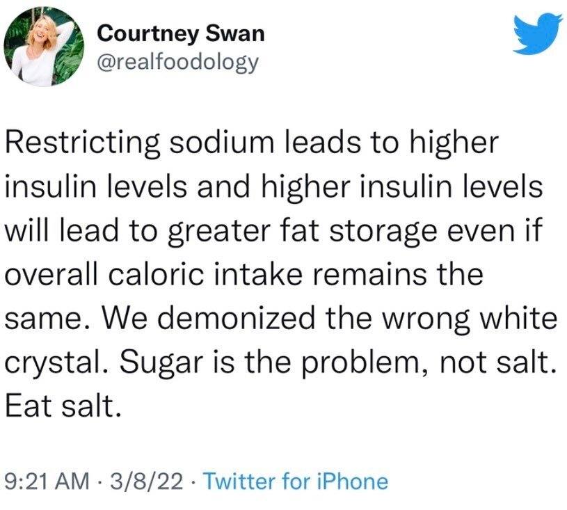 If you&rsquo;re at all confused by what I&rsquo;m saying read The Salt Fix by @drjamesdinic
And stop restricting salt. It&rsquo;s a very important mineral for our bodies and it makes food taste better!!!🧂