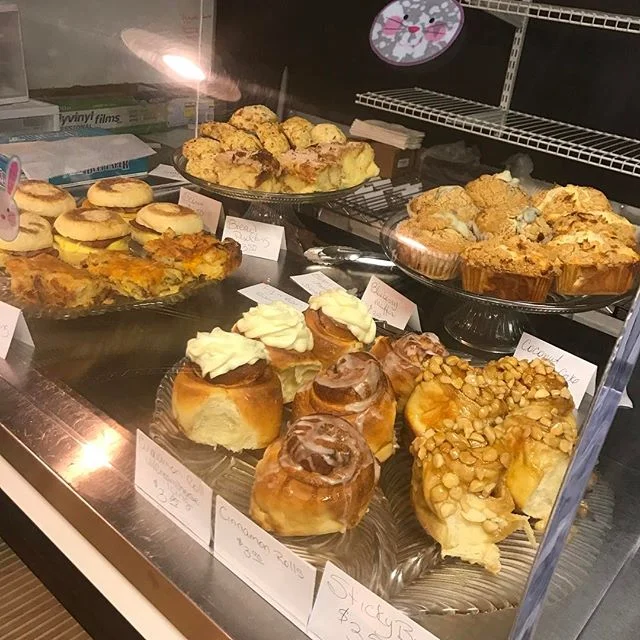 Monday mornings Treats #viptreatsandsweets #scones #stickybuns #breakfastsandwich#yummyfood #fastbreakfast #eatlocal #blueberrymuffin #coconutcoffeecake