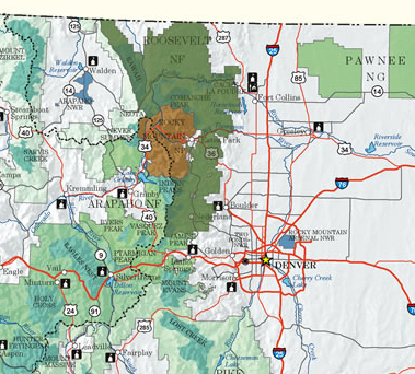 Roosevelt National Forest in Dark Green.