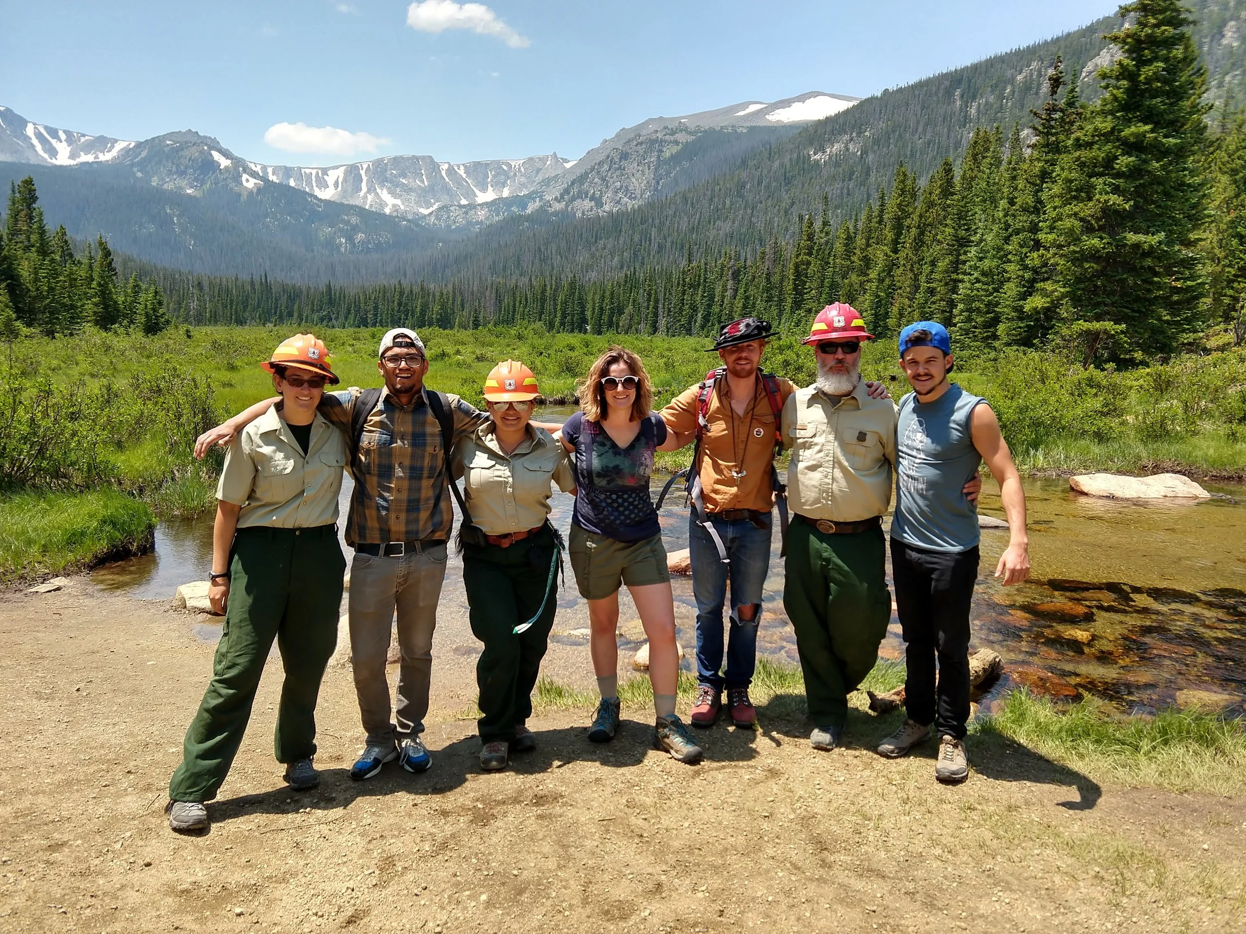 Ari, Hayden (Burroughs), Marley, Bri (Burroughs), Johnny (Burroughs), Tom, and Alec (Burroughs) at Cirque Meadows in Roosevelt National Forest.