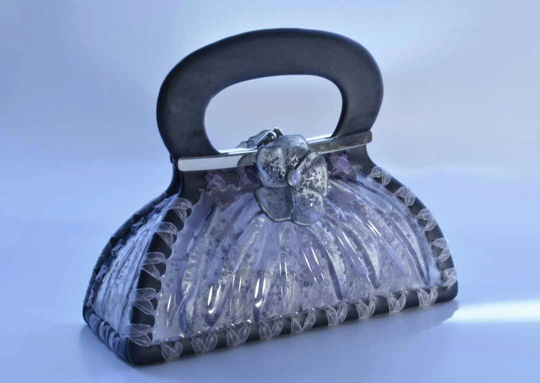 Grey Lavender Draped Handbag Sewn Glass 9x7x3 $2,200