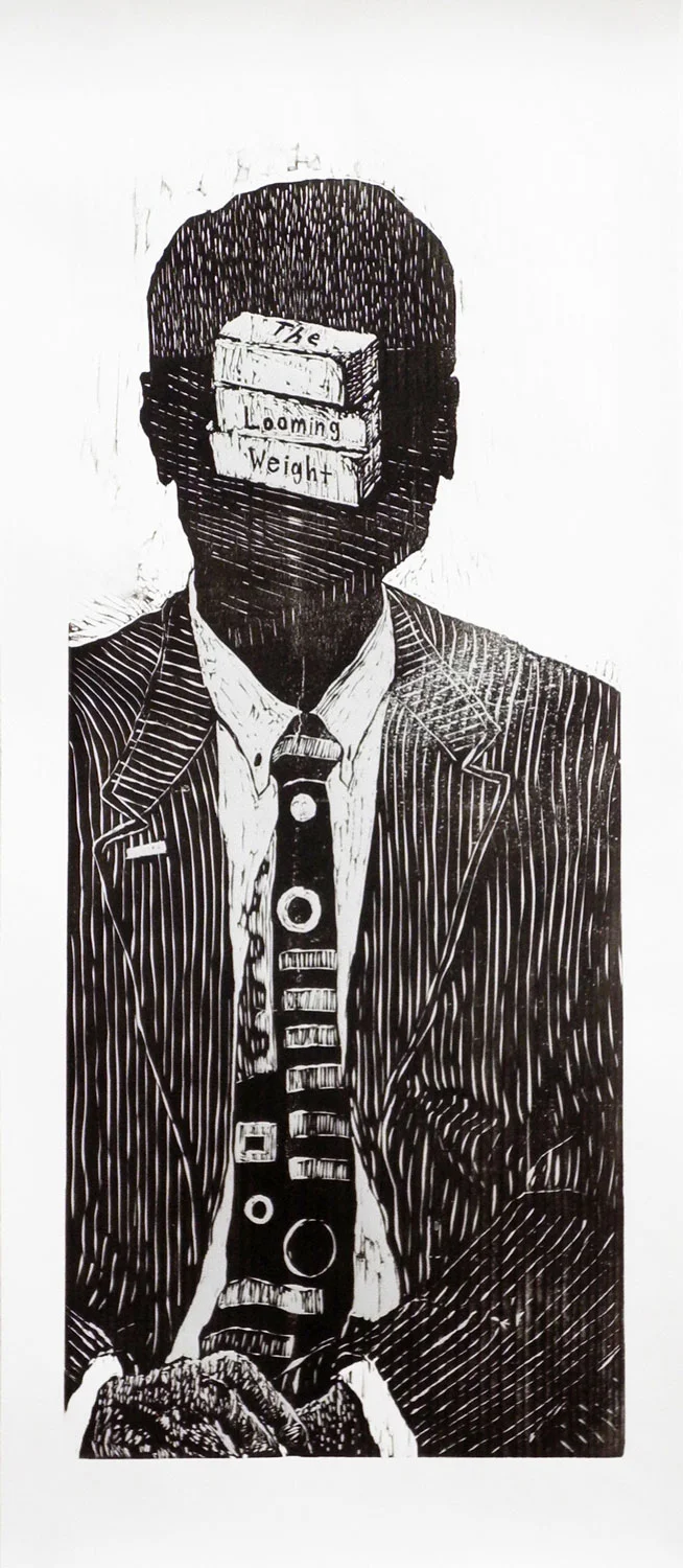 The Looming Weight Woodcut 17 x 35 (framed) $400