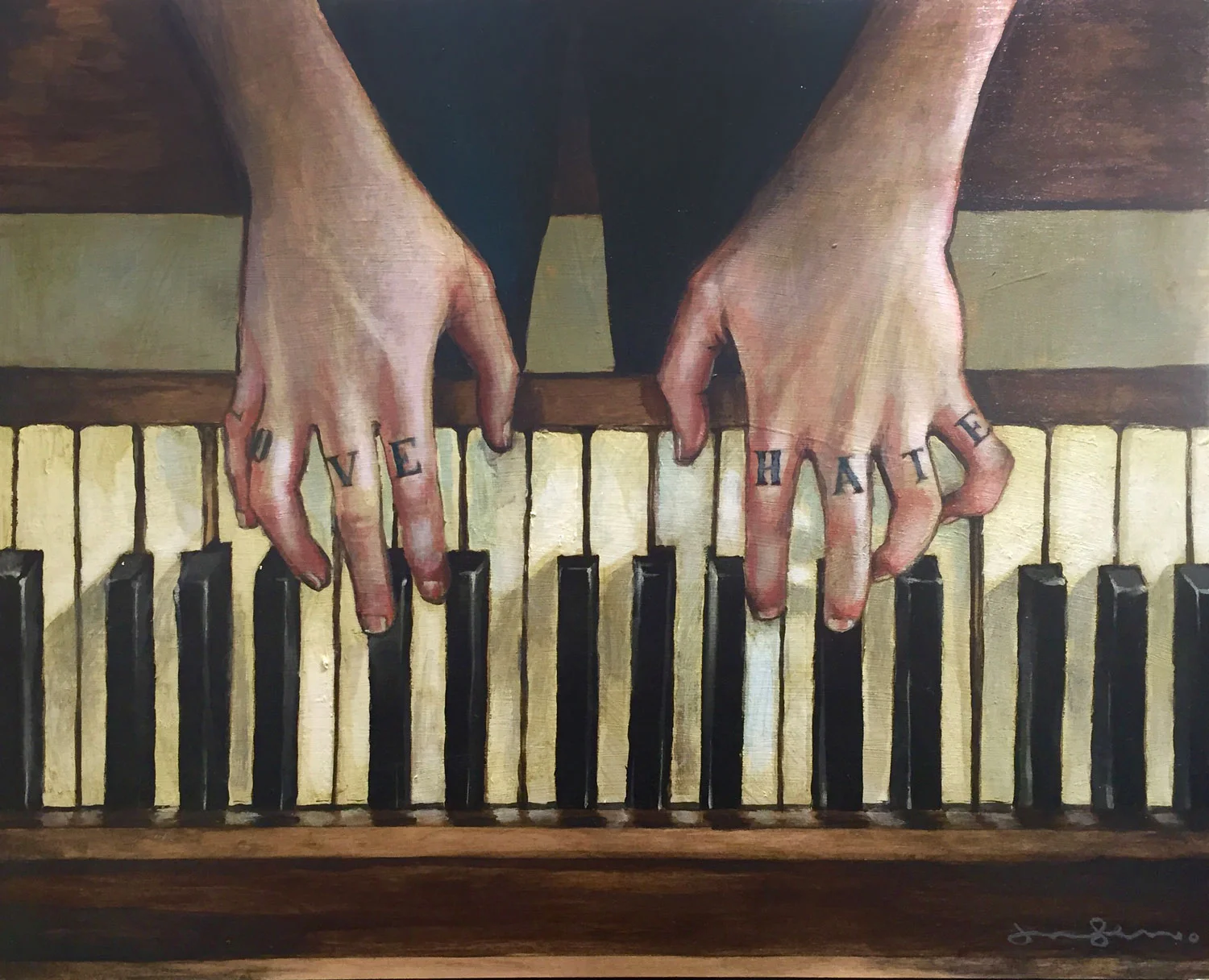 Love & Hate in C Minor Oil, Wax, and Sailboat Varnish on Birch 16 x 20 $ 2,000 • SOLD