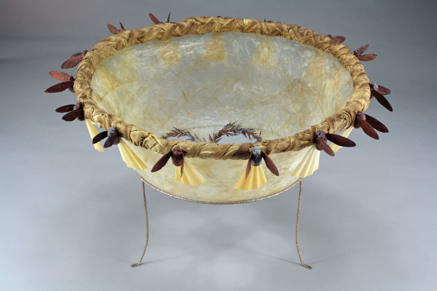 Halo - 12 x 19 x 19 - Gut, Steel, Copper Electroformed Cicada Shells, Leaves, Plastic Thread, Found Fabric, Wax $900