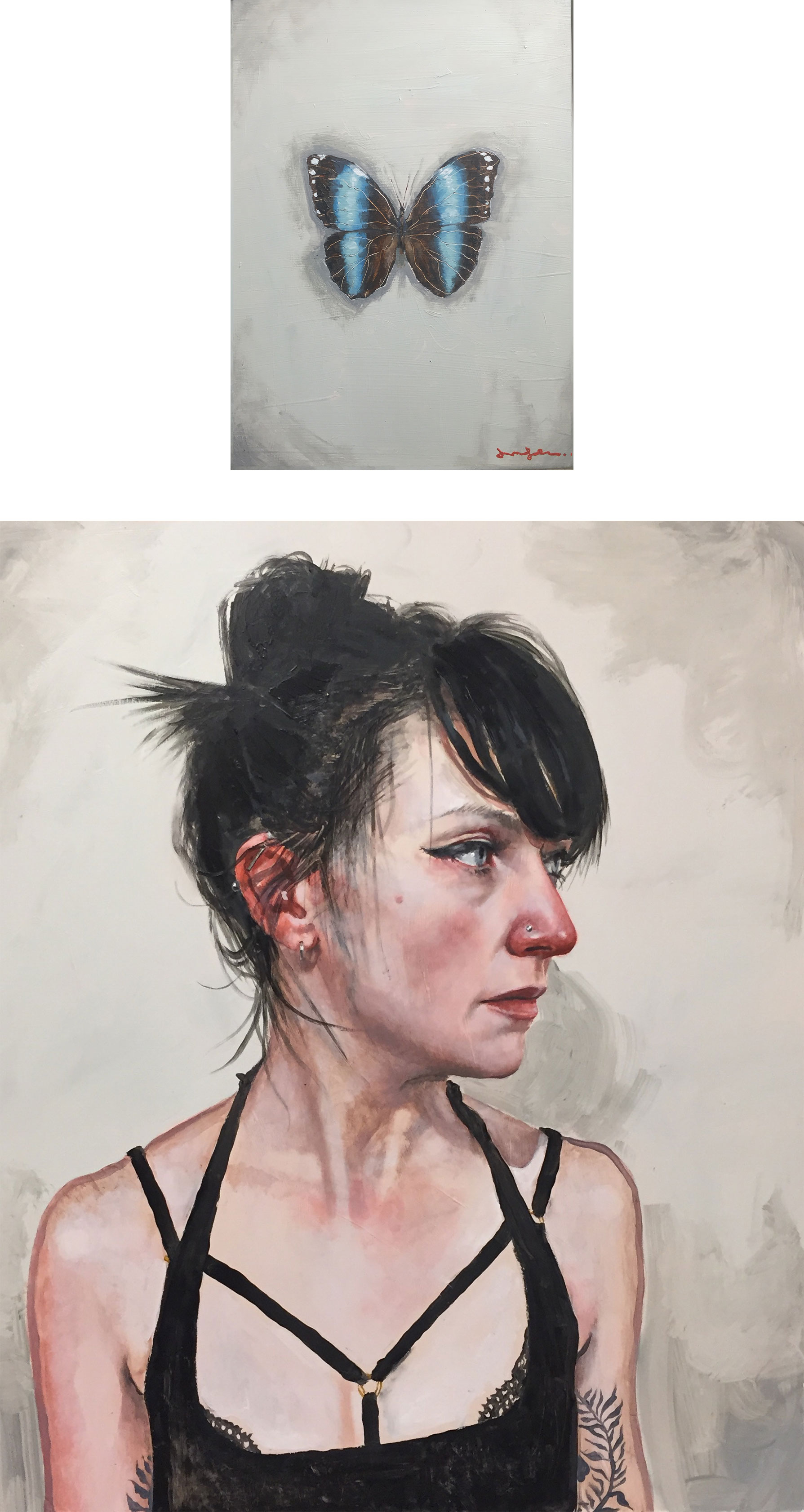 Derby Dame Oil, Tar, and Wax on Panel 24 x 20 & 10 x 8 - Diptych $ 2,400