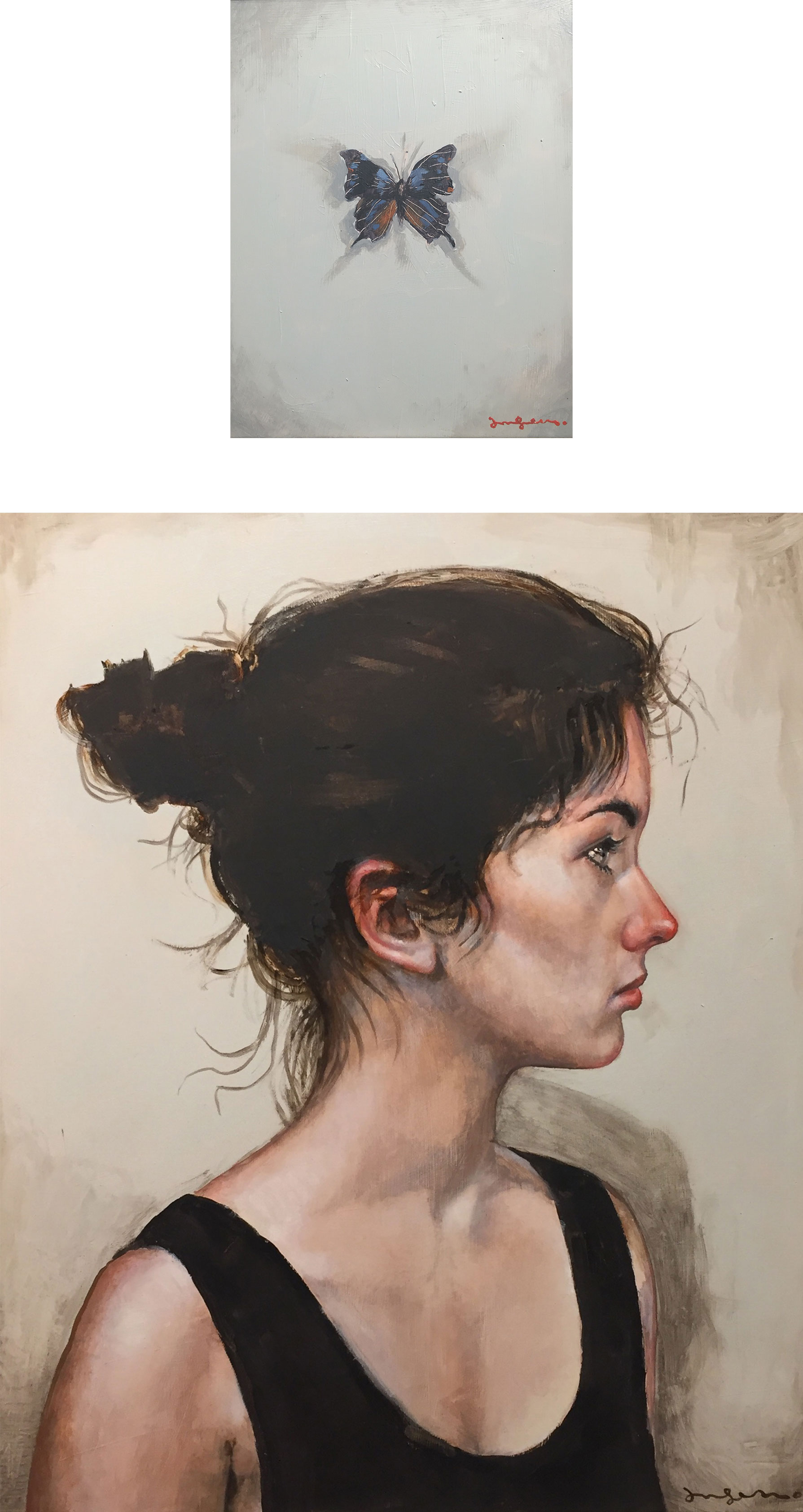 Fly Aways Oil, Tar, and Wax on Panel 24 x 20 & 10 x 8 - Diptych $ 2,400