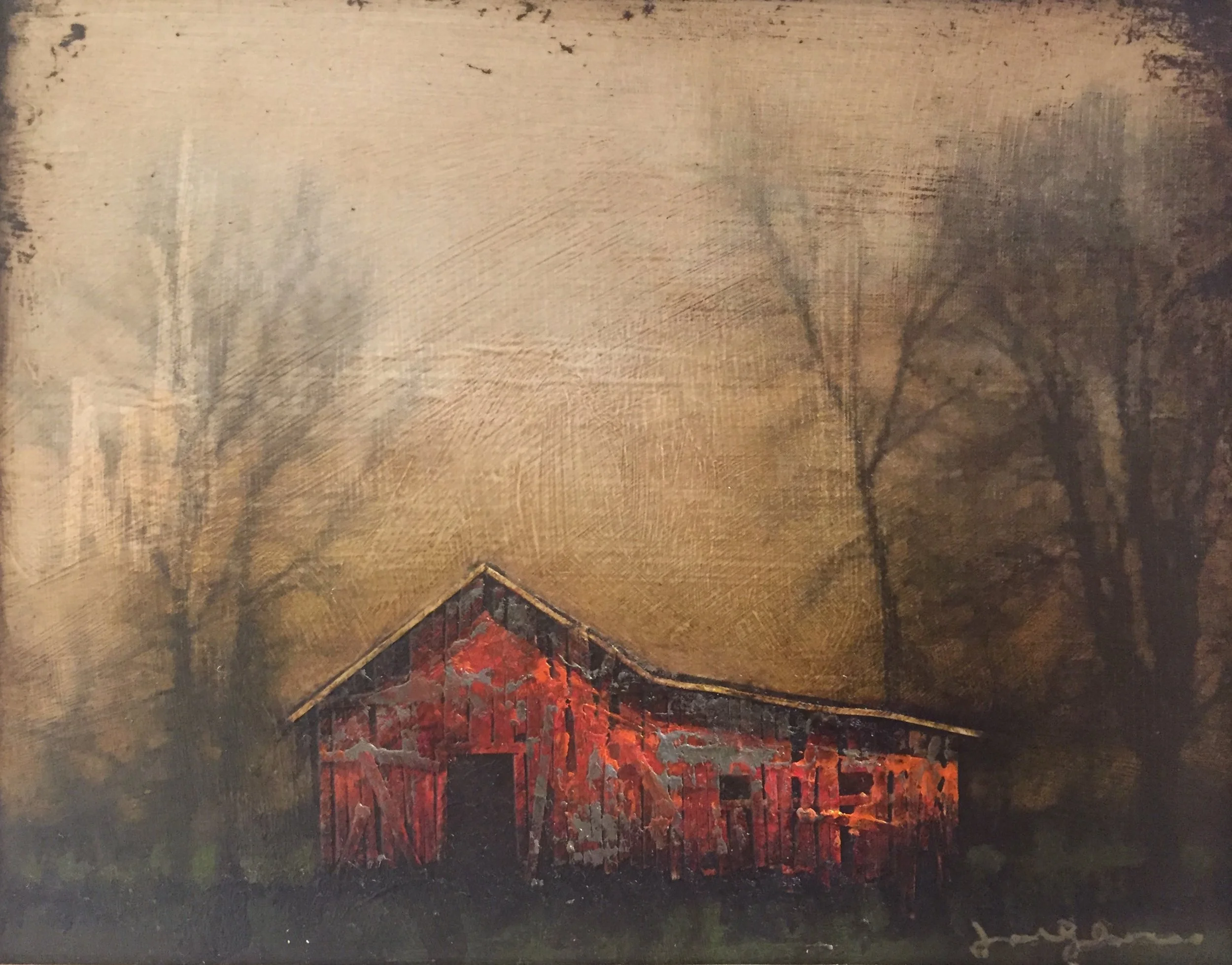 Farmstead IV Emulsion Transfer, Wax, Tar, Cut Paper, and Oil on Panel 8 x 10 $ 950 • SOLD