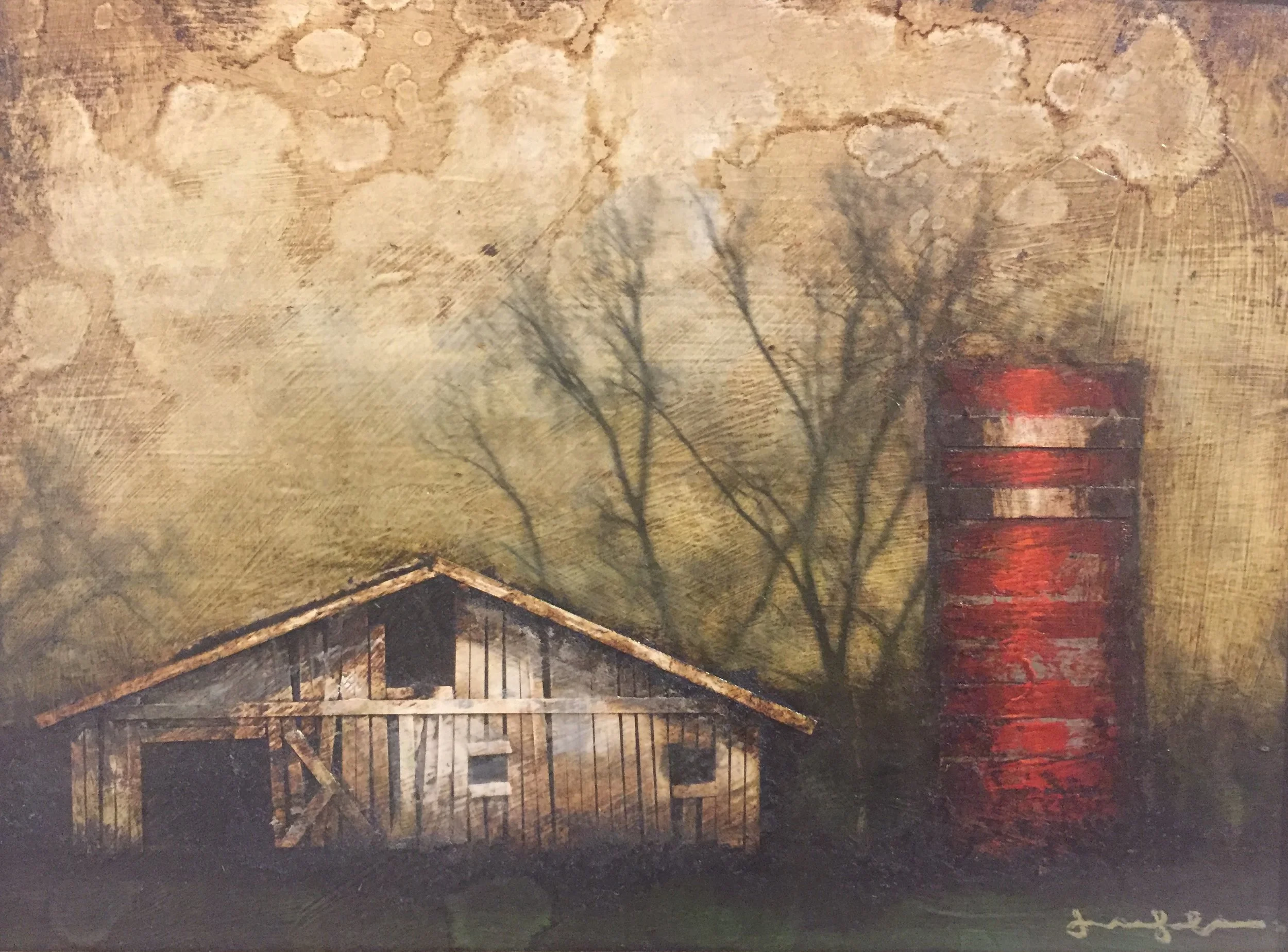 Farmstead IX Emulsion Transfer, Wax, Tar, Cut Paper, and Oil on Panel 9 x 12 $ 1,150 • SOLD