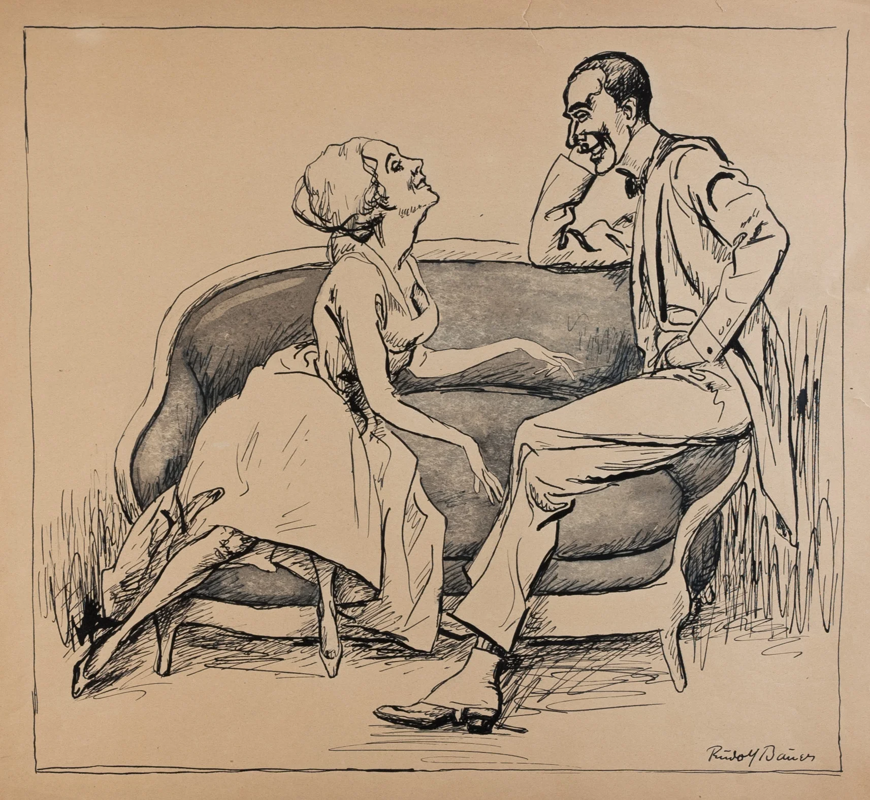 Untitled (couple flirting on couch) Watercolor and ink on paper 14 1/8 x 14 3/4