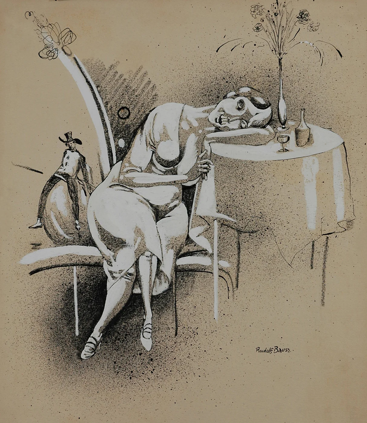 Untitled (woman collapsed on table with miniature man in background) Pastel, gouache, and ink on paper 14 3/8 x 12 1/2