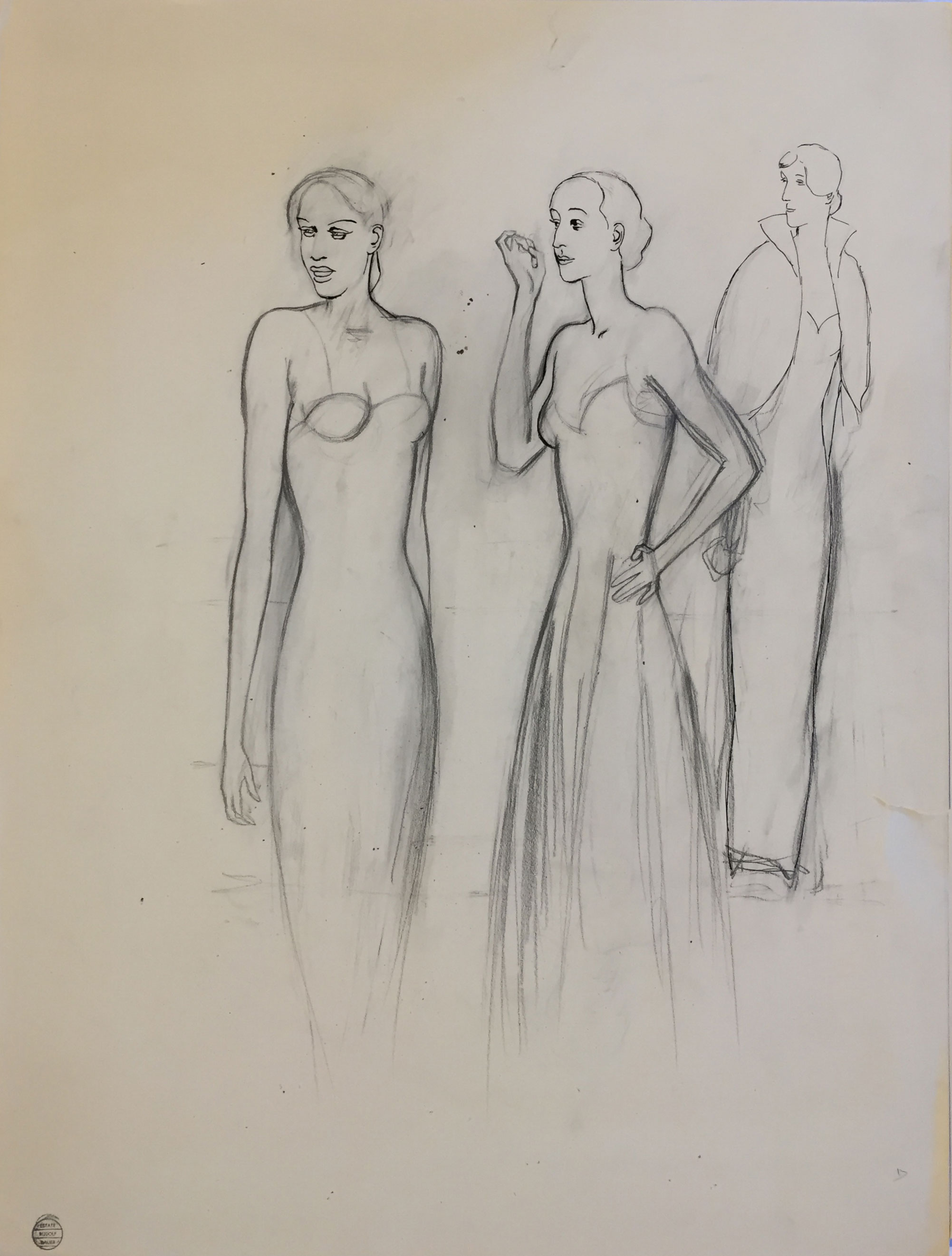 Untitled (three women in gowns) Ink and pencil on paper 25 3/4 x 19 1/4