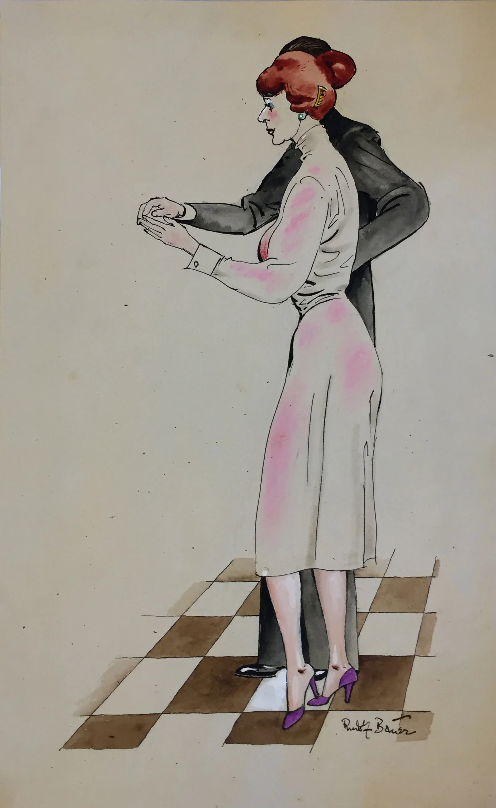 Untitled (couple on checkered floor) Pastel, gouache, watercolor, and ink on paper 17 1/8 x 10 1/2