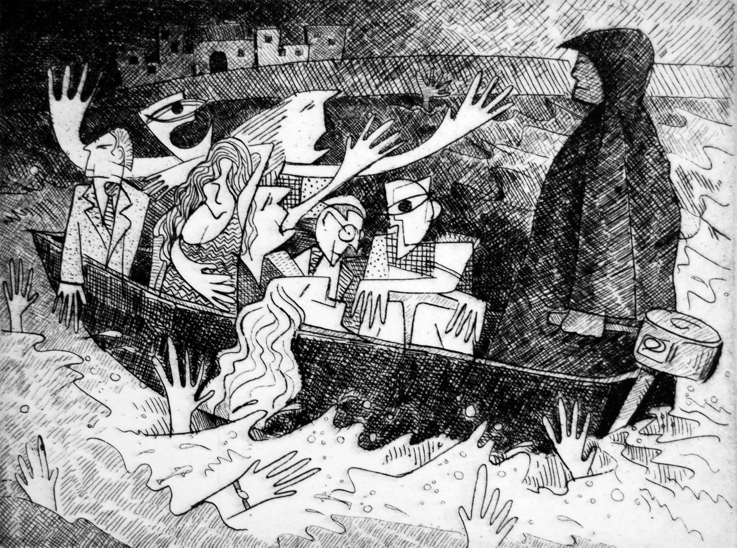 Charon had no Idea that he was about to run out of gas as he hauled that last load of dead to the afterworld Etching 7.5 x 11 $ 650